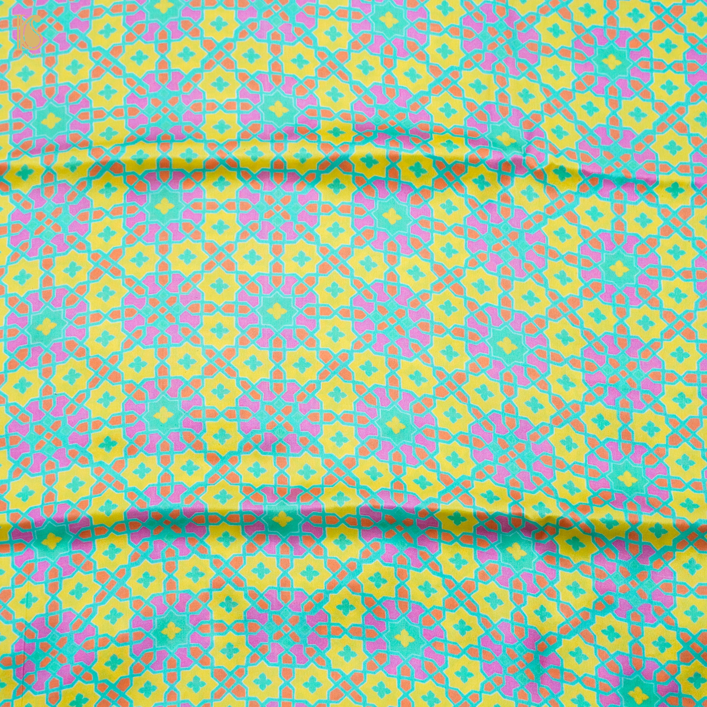 NİLÜFER - Blue & Yellow Pure Sateen Silk Print Fabric - Khinkhwab