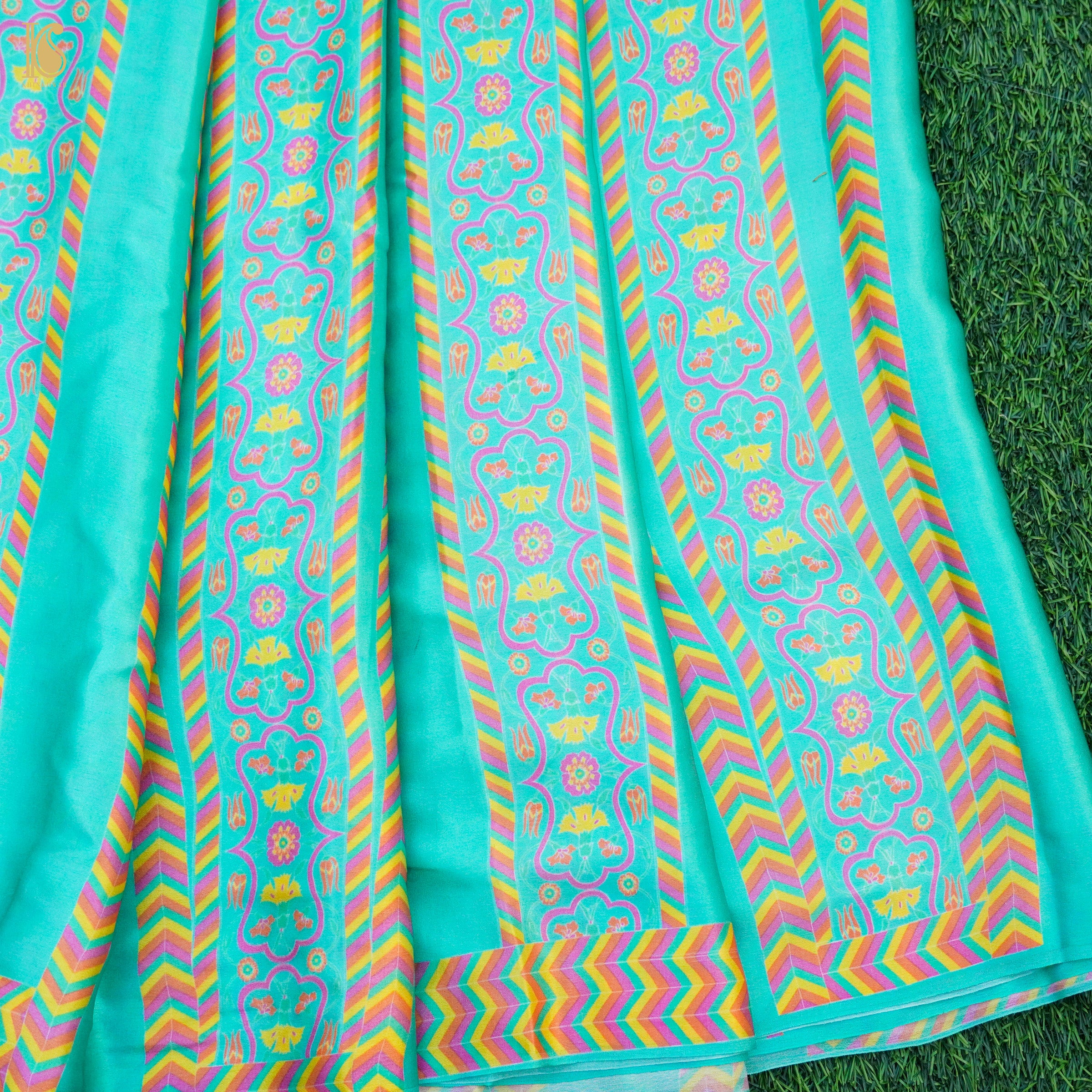 Blue Pure Sateen Silk Print Kalidar Lehenga Set - Khinkhwab