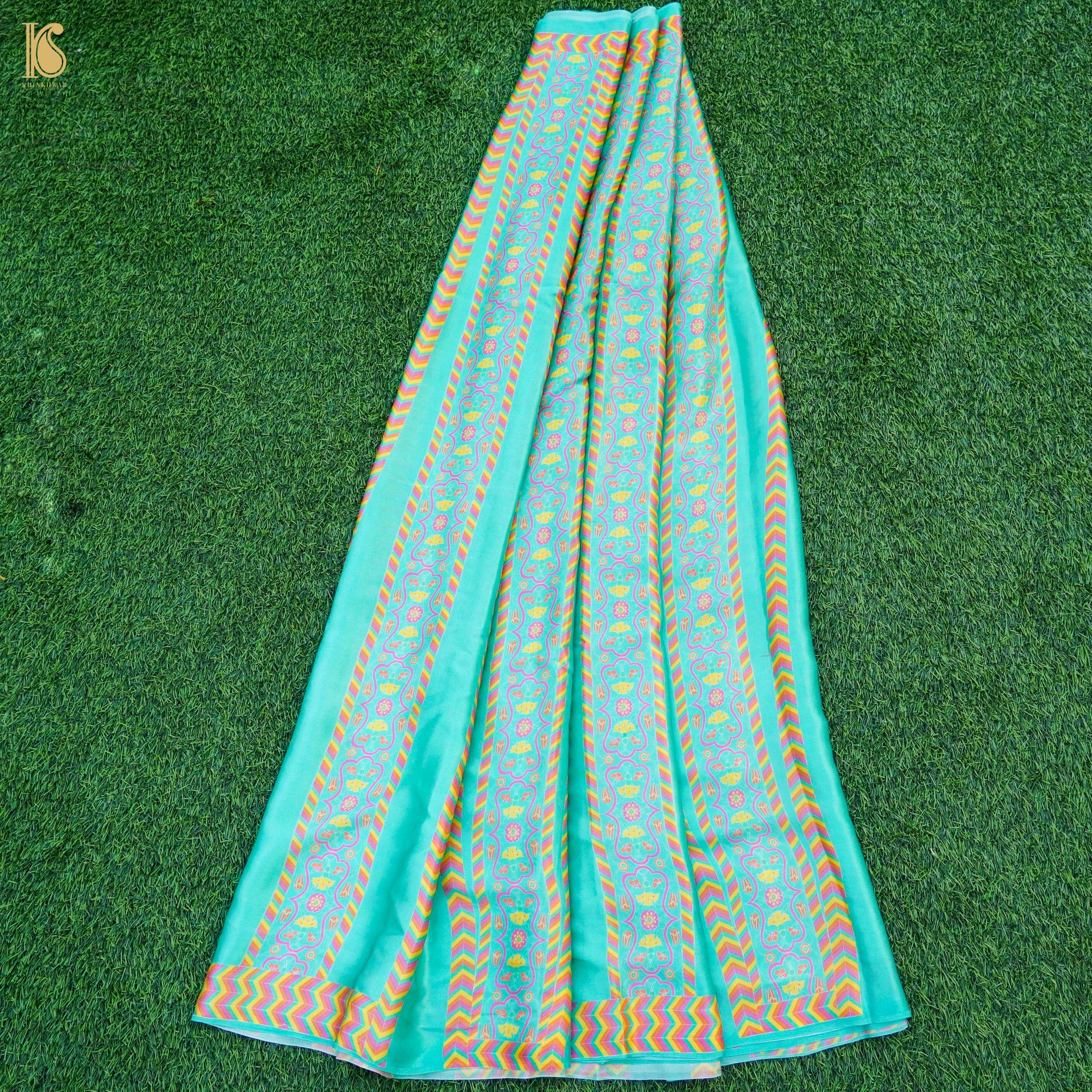 Blue Pure Sateen Silk Print Kalidar Lehenga Set - Khinkhwab