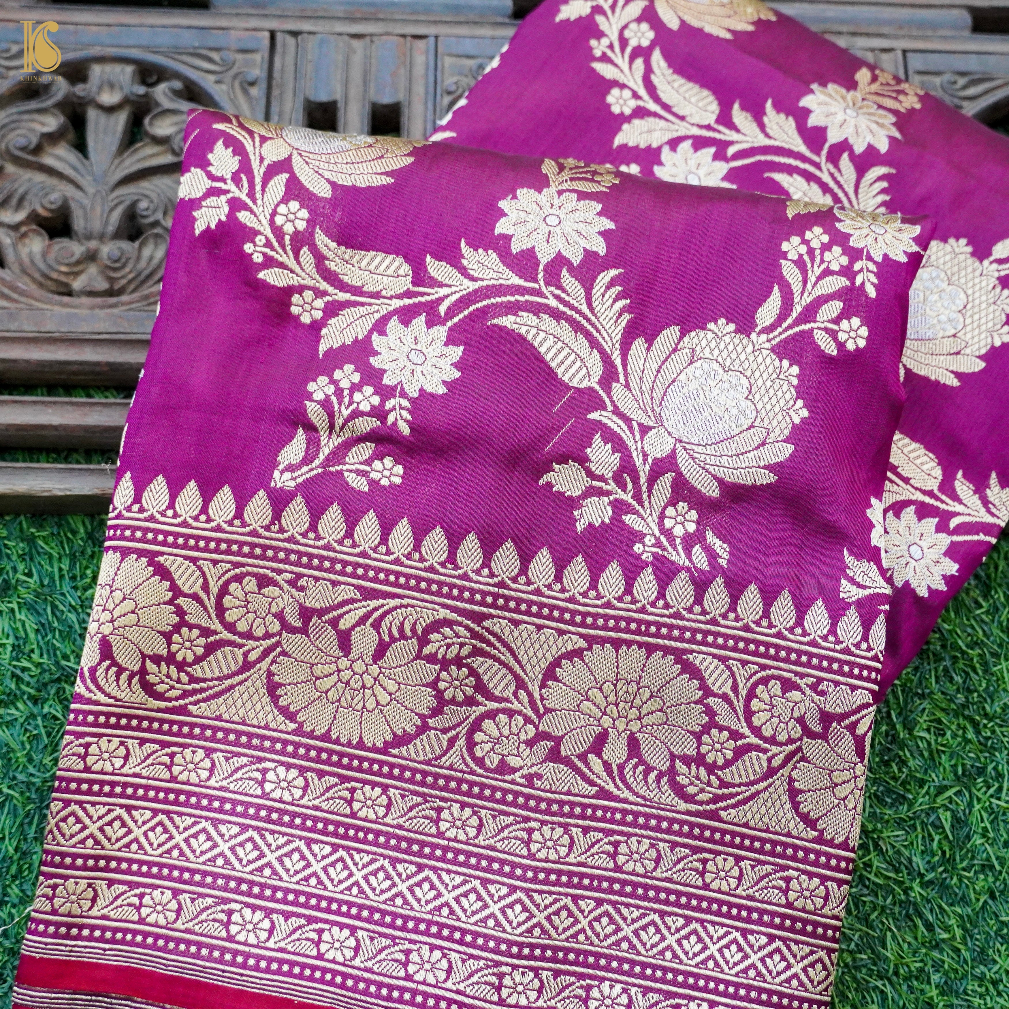 Red Violet Handloom Banarasi Pure Katan Silk Kadwa Jaal Saree - Khinkhwab