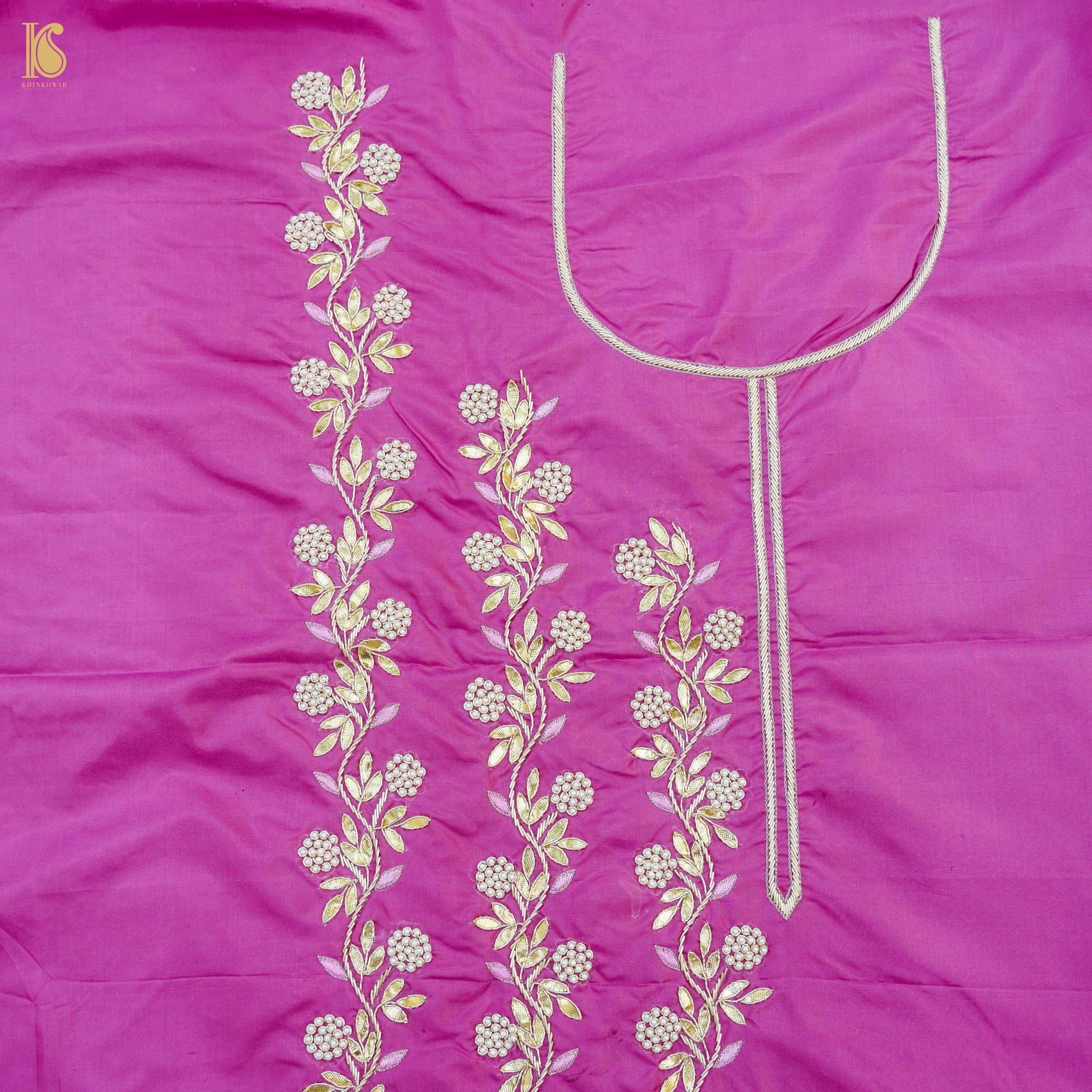 Fuchsia Pink Pure Silk Banarasi Embroidered Kurta Fabric with Dupatta - Khinkhwab