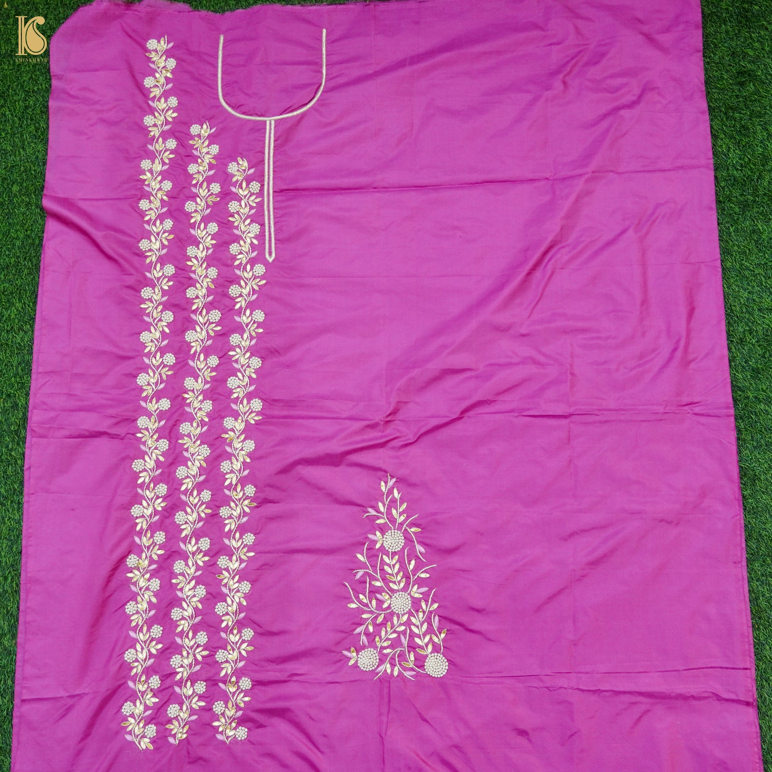 Fuchsia Pink Pure Silk Banarasi Embroidered Kurta Fabric with Dupatta - Khinkhwab
