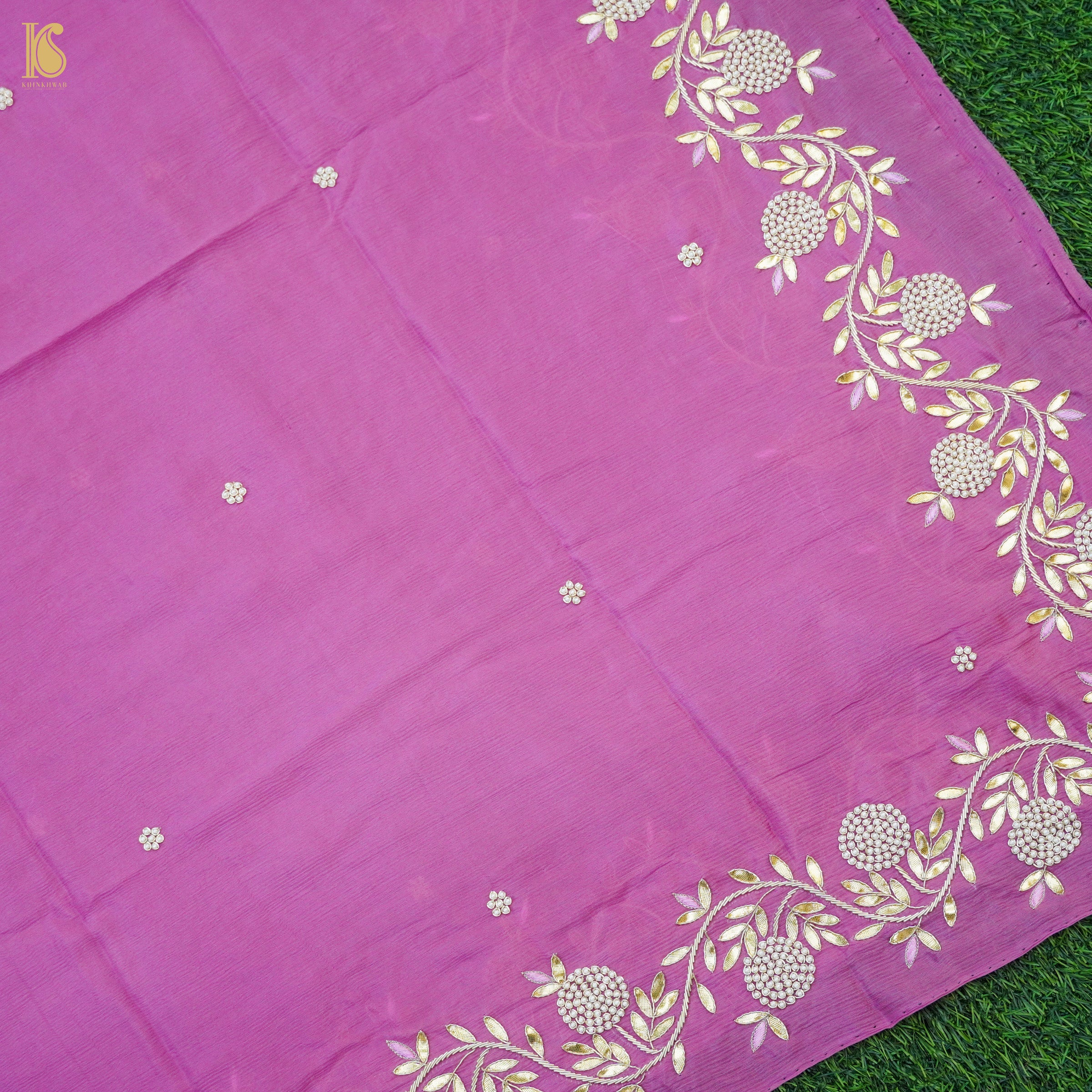 Fuchsia Pink Pure Silk Banarasi Embroidered Kurta Fabric with Dupatta - Khinkhwab