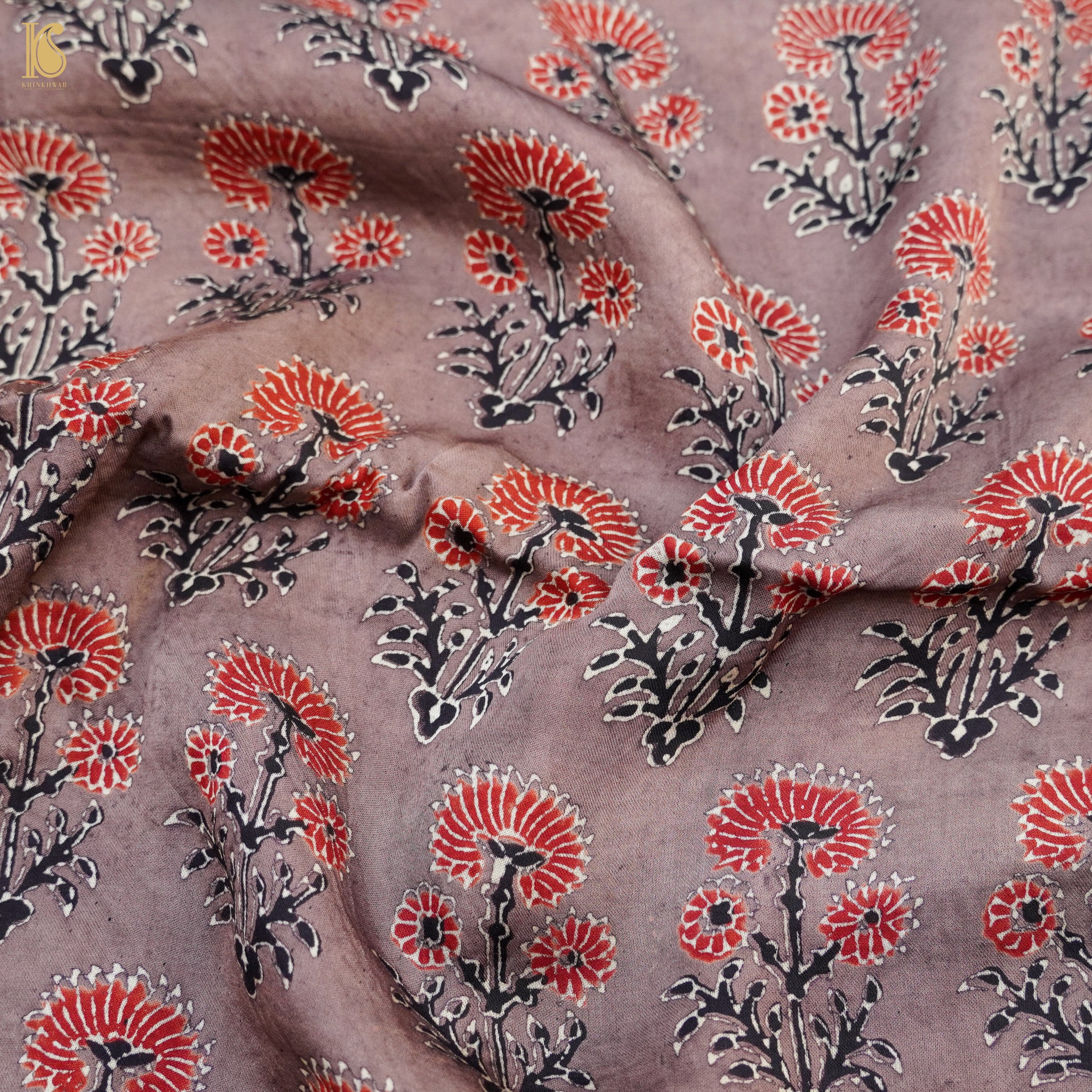 Brown Hand Block Ajrakh Modal Silk Fabric - Khinkhwab