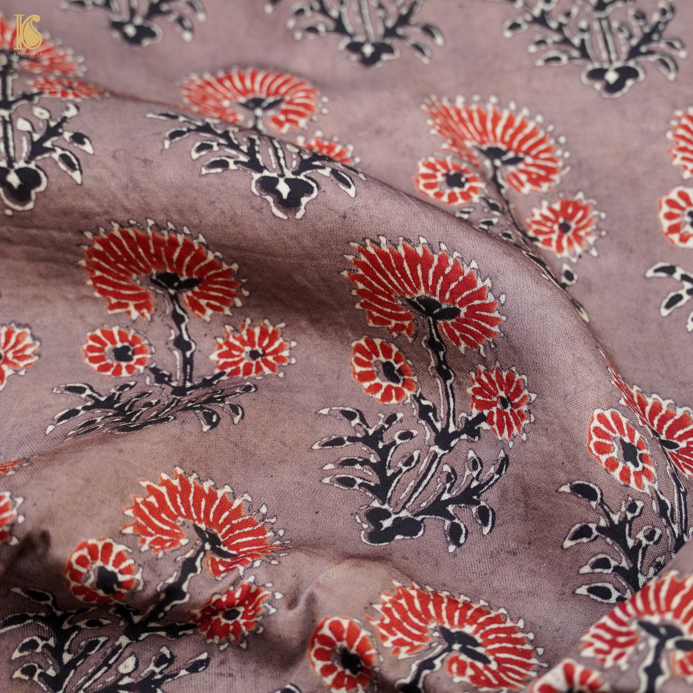 Brown Hand Block Ajrakh Modal Silk Fabric - Khinkhwab