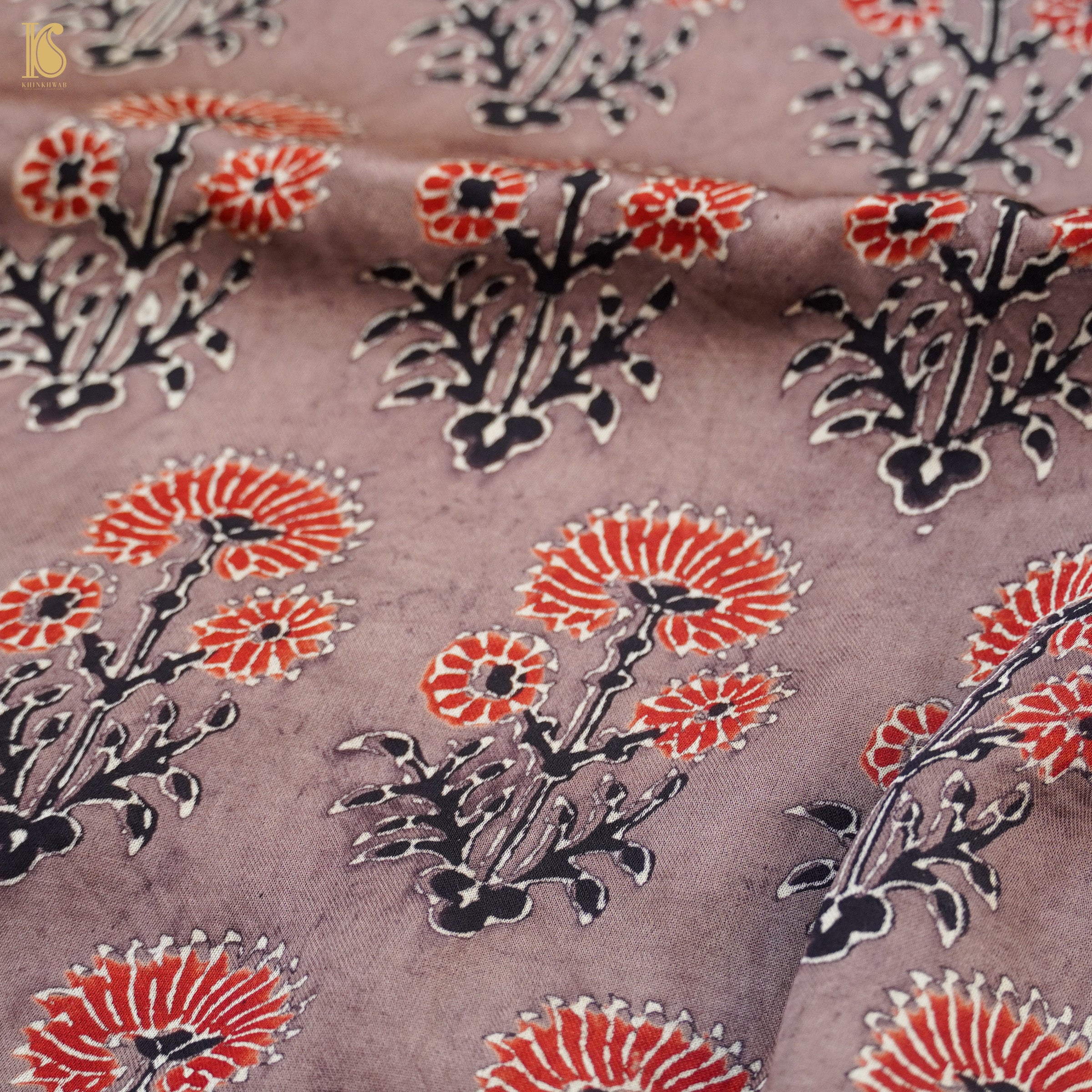 Brown Hand Block Ajrakh Modal Silk Fabric - Khinkhwab