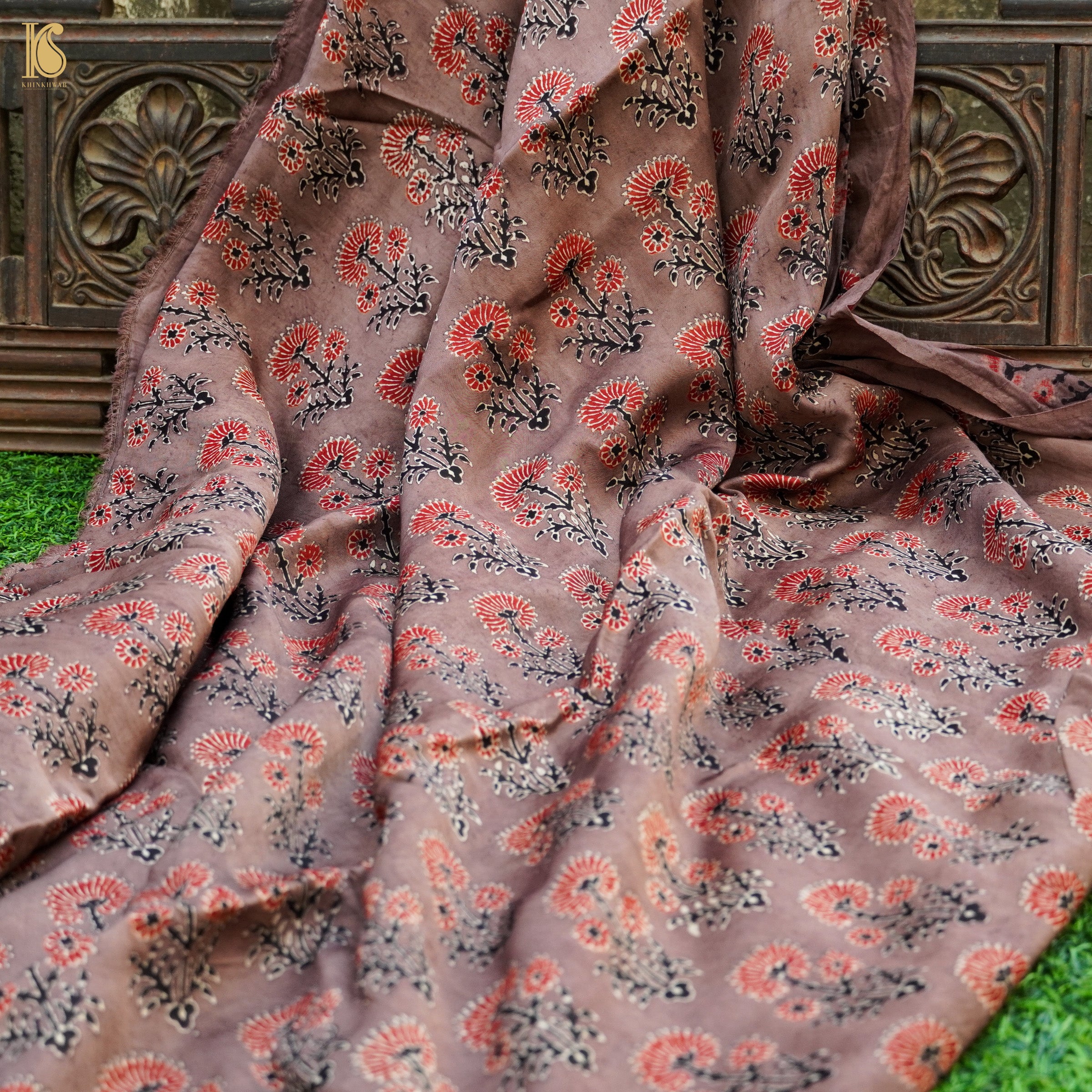 Brown Hand Block Ajrakh Modal Silk Fabric - Khinkhwab