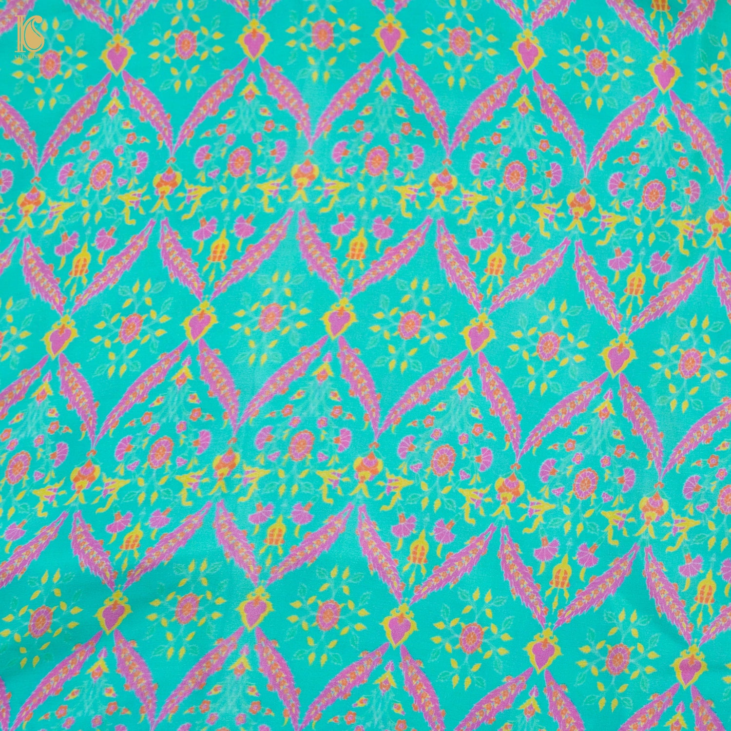 NERGİS - Blue Pure Sateen Silk Print Fabric - Khinkhwab
