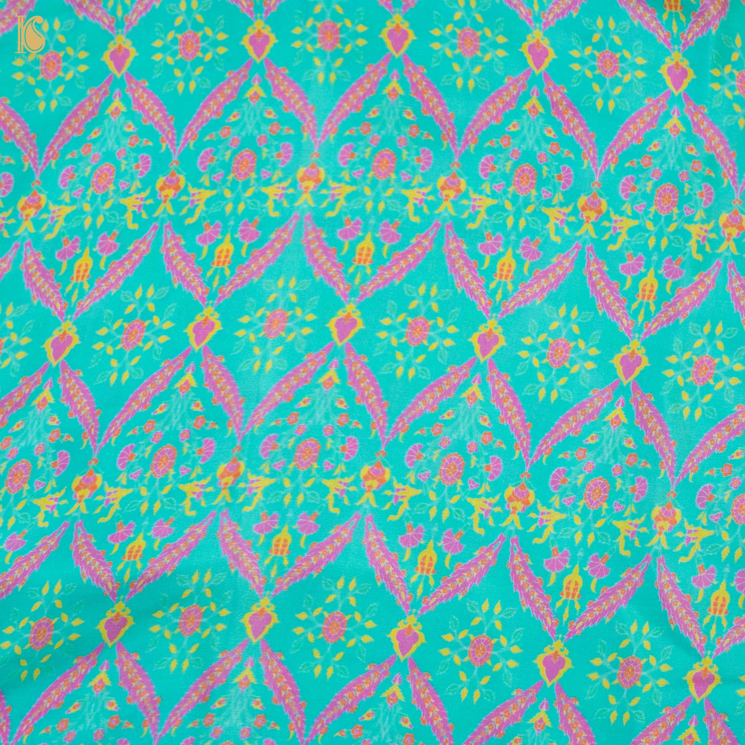 NERGİS - Blue Pure Sateen Silk Print Fabric - Khinkhwab
