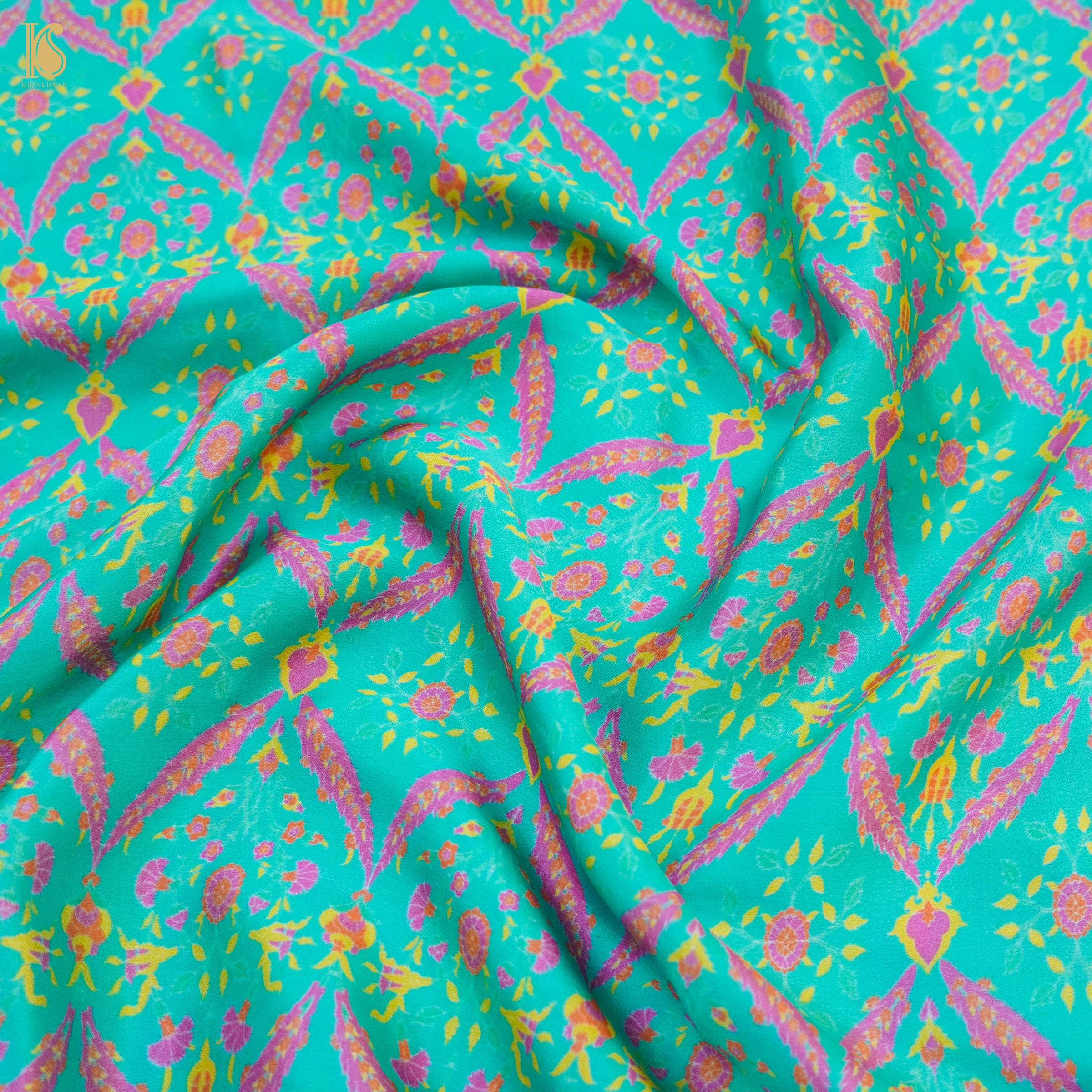 NERGİS - Blue Pure Sateen Silk Print Fabric - Khinkhwab
