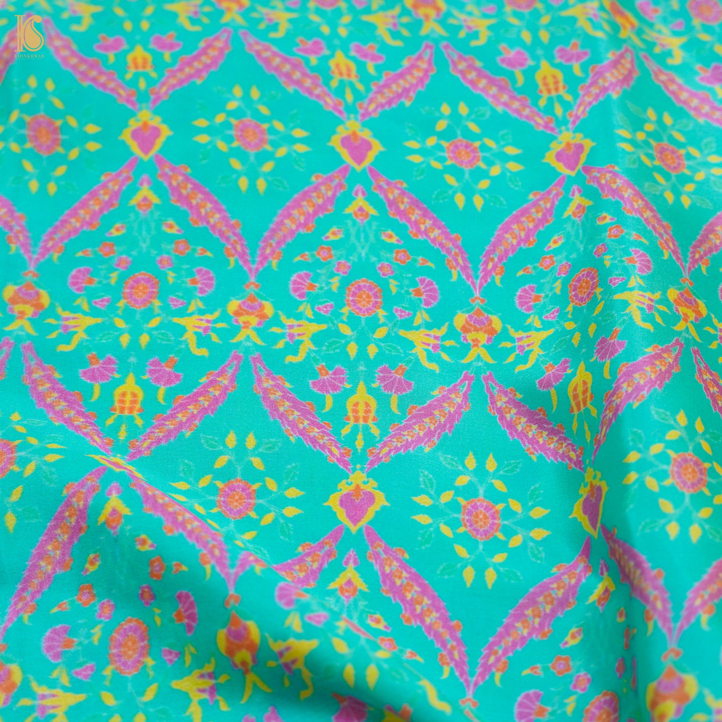 NERGİS - Blue Pure Sateen Silk Print Fabric - Khinkhwab
