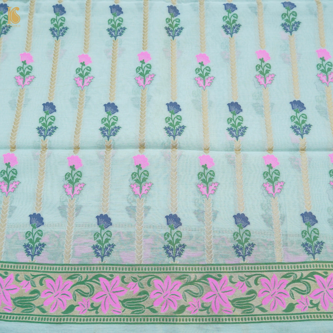 French Pass Blue Cotton Silk Meenakari Banarasi Suit Set - Khinkhwab