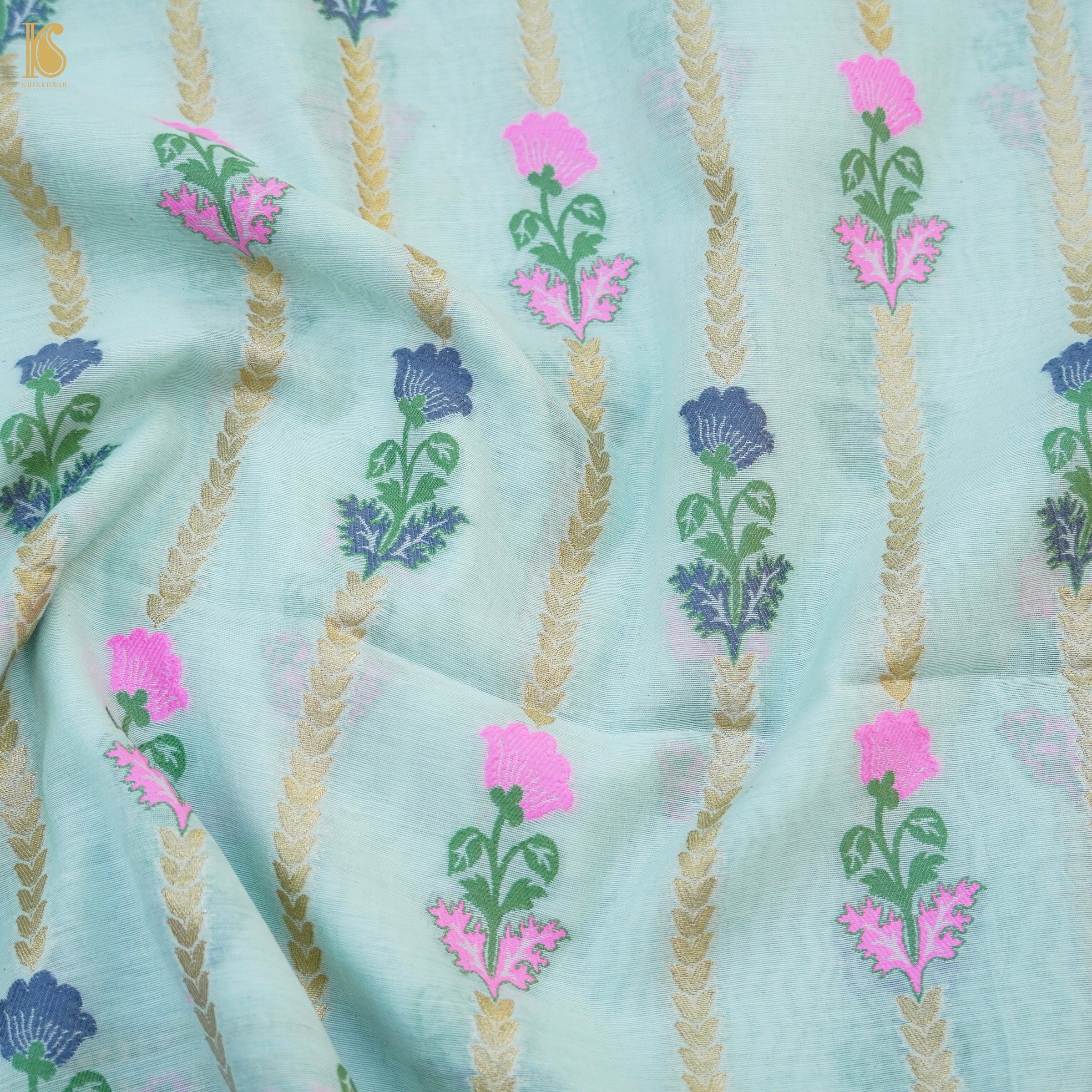 French Pass Blue Cotton Silk Meenakari Banarasi Suit Set - Khinkhwab