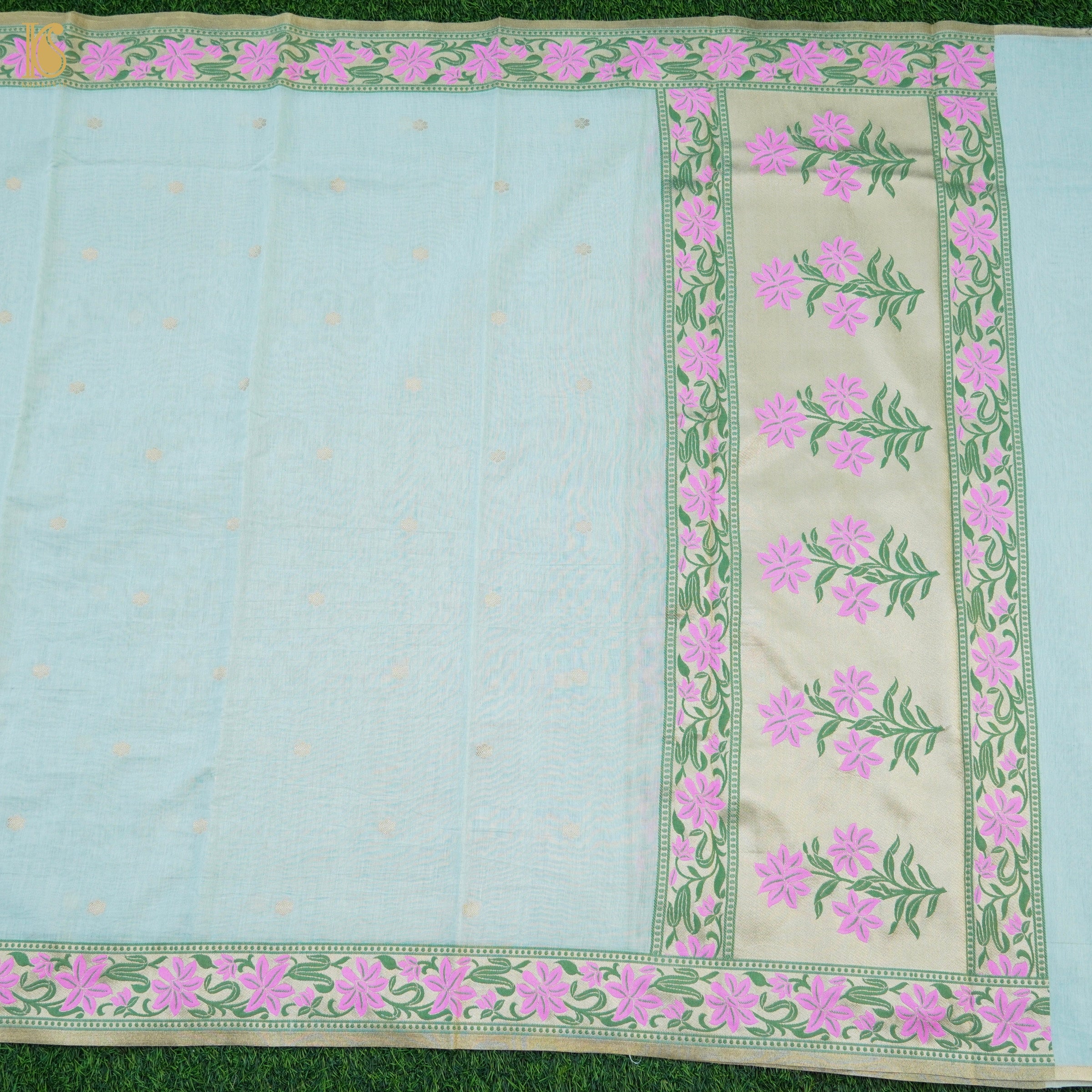 French Pass Blue Cotton Silk Meenakari Banarasi Suit Set - Khinkhwab