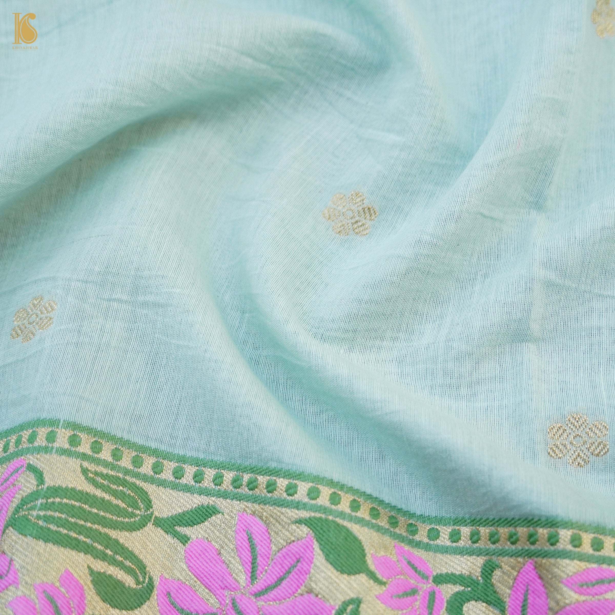 French Pass Blue Cotton Silk Meenakari Banarasi Suit Set - Khinkhwab