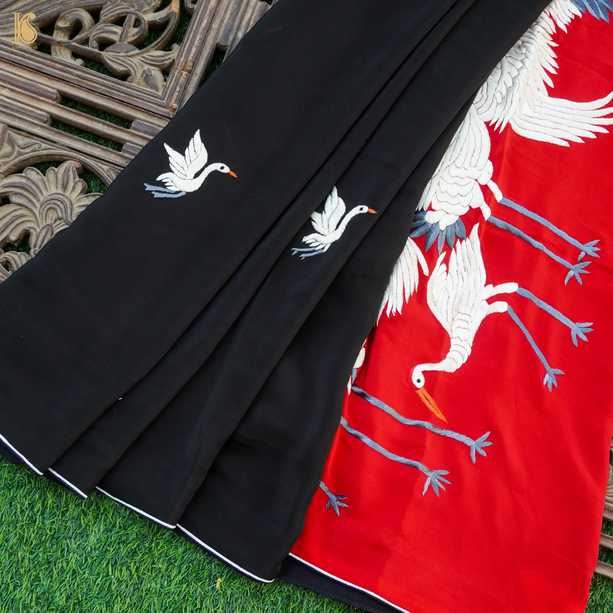 Red & Black Handcrafted Parsi Gara Pure Crepe Swan Saree - Khinkhwab