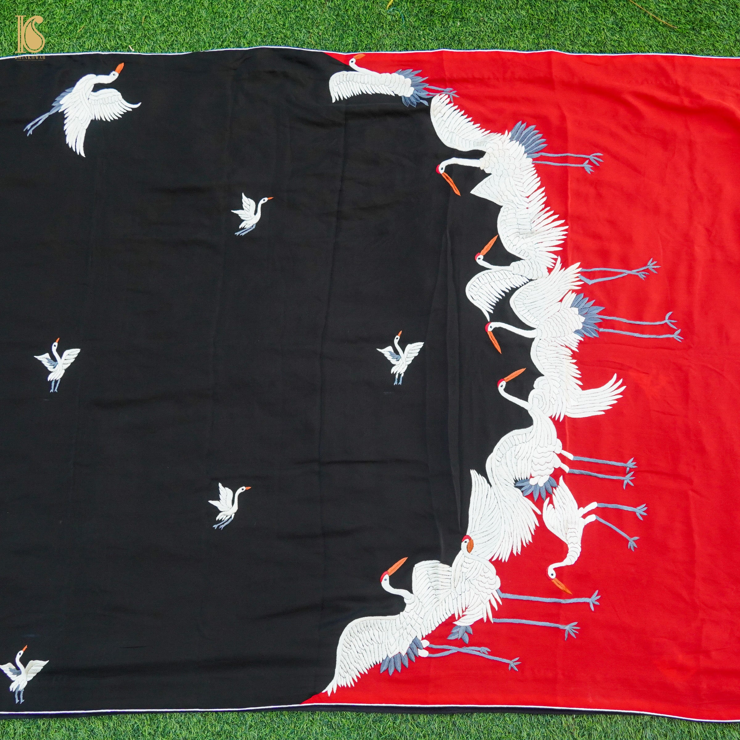 Red & Black Handcrafted Parsi Gara Pure Crepe Swan Saree - Khinkhwab
