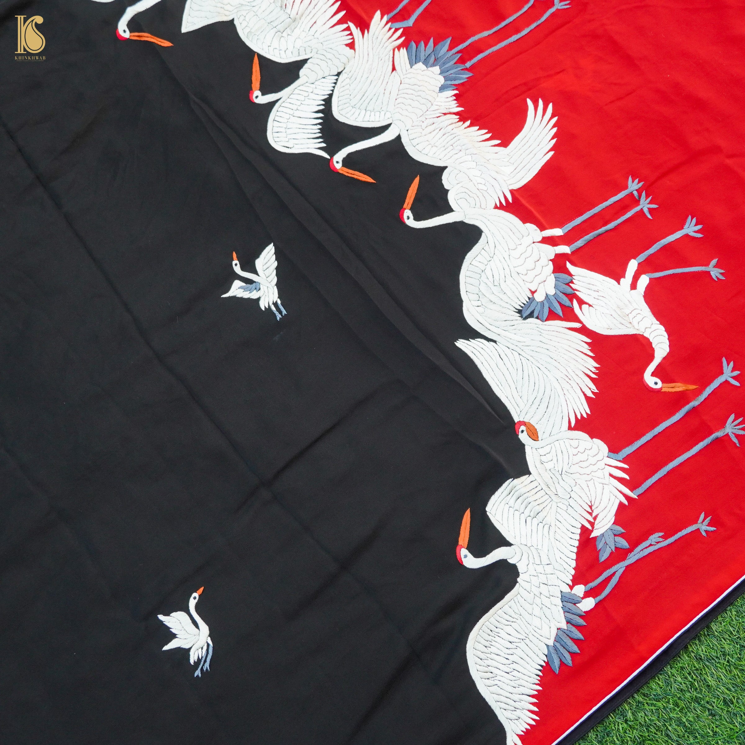 Red & Black Handcrafted Parsi Gara Pure Crepe Swan Saree - Khinkhwab