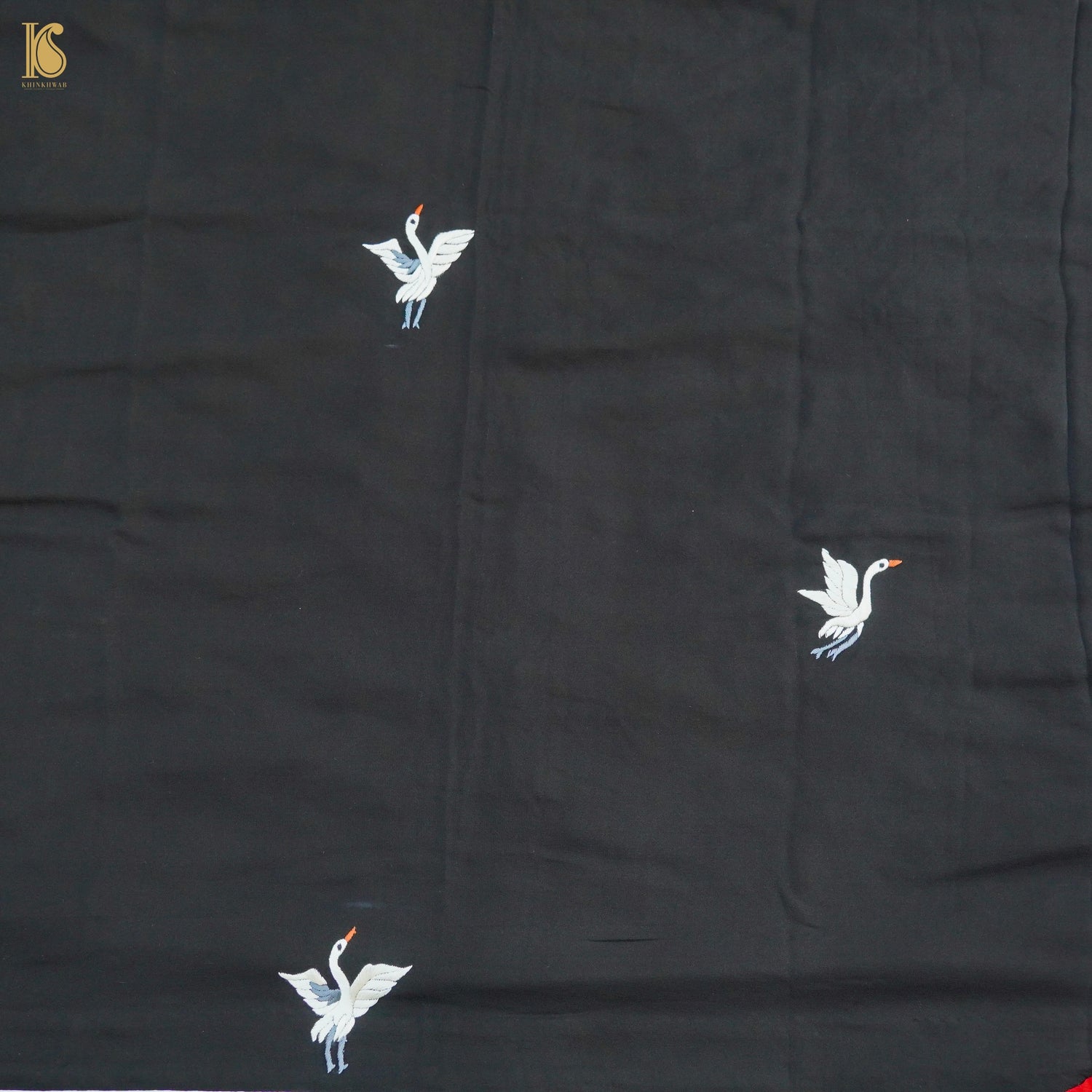 Red & Black Handcrafted Parsi  Gara Pure Crepe Swan Saree - Khinkhwab