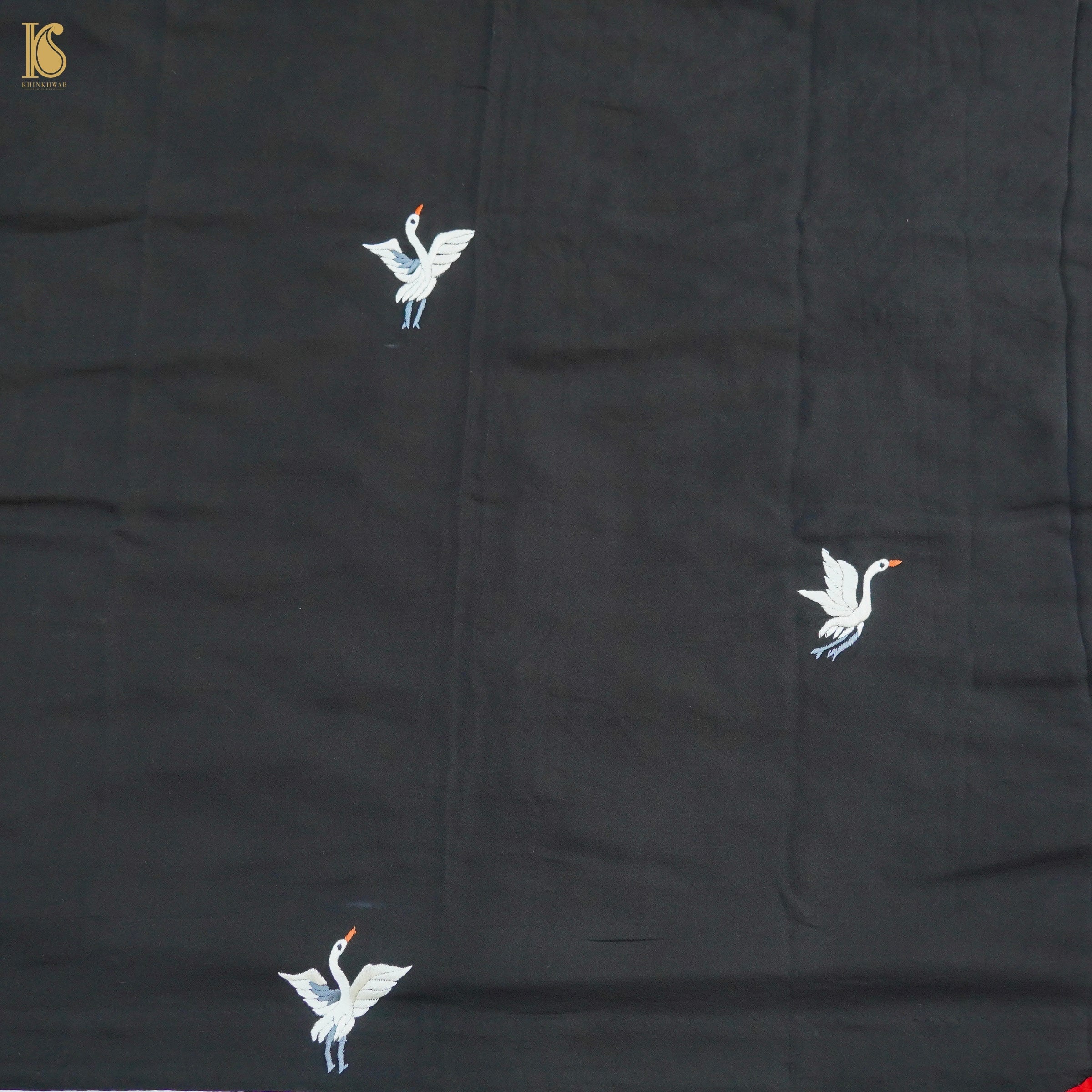 Red & Black Handcrafted Parsi Gara Pure Crepe Swan Saree - Khinkhwab
