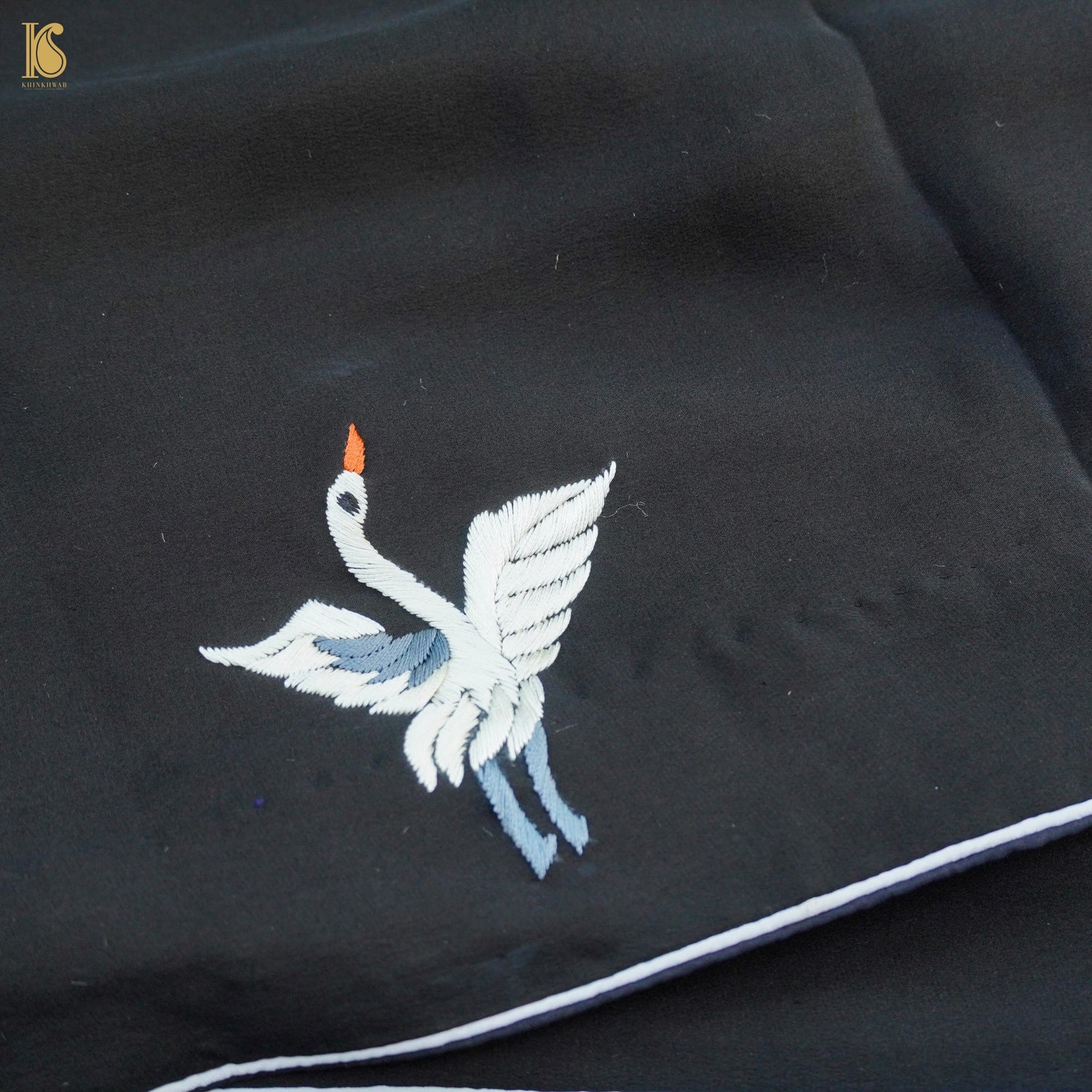 Red & Black Handcrafted Parsi  Gara Pure Crepe Swan Saree - Khinkhwab