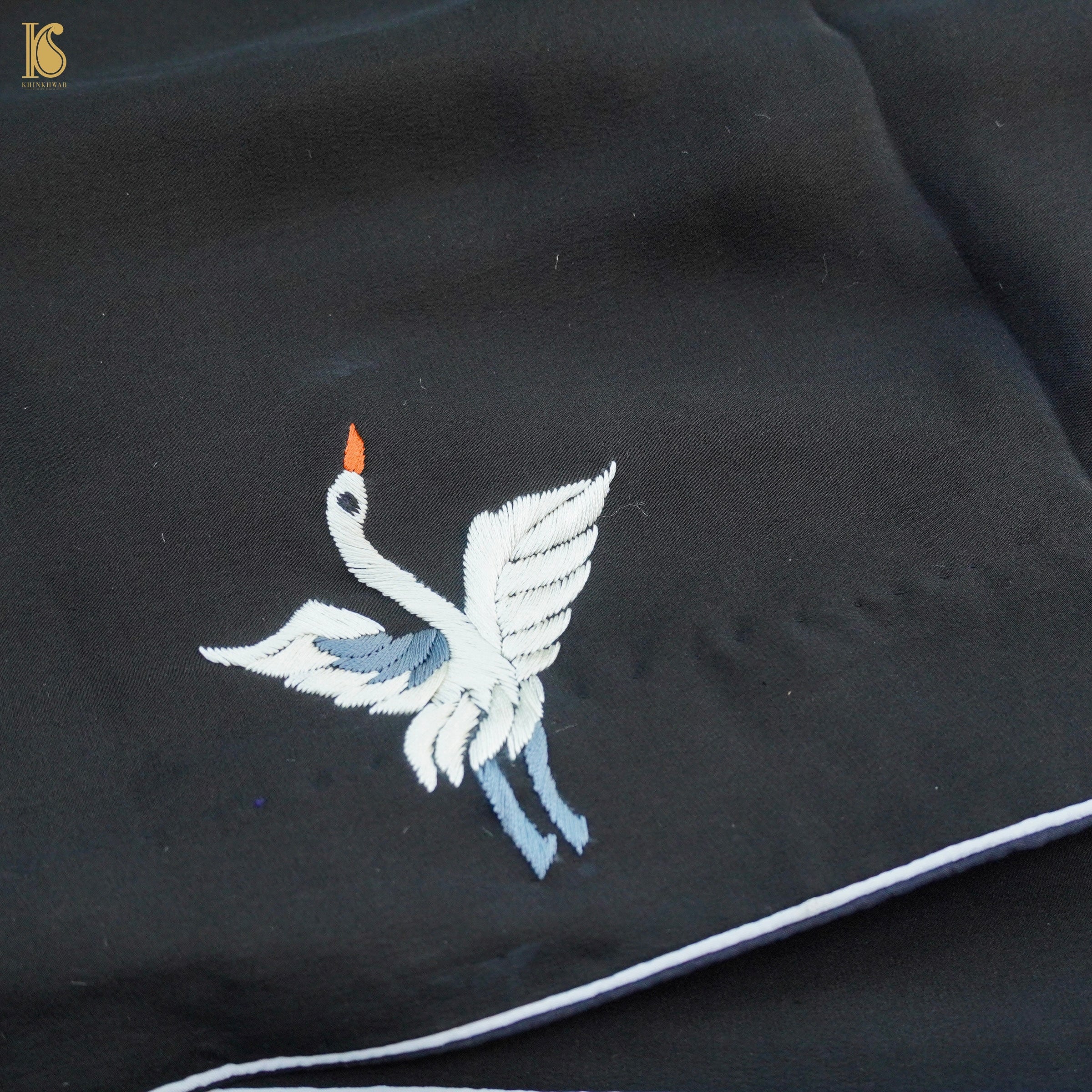 Red & Black Handcrafted Parsi Gara Pure Crepe Swan Saree - Khinkhwab