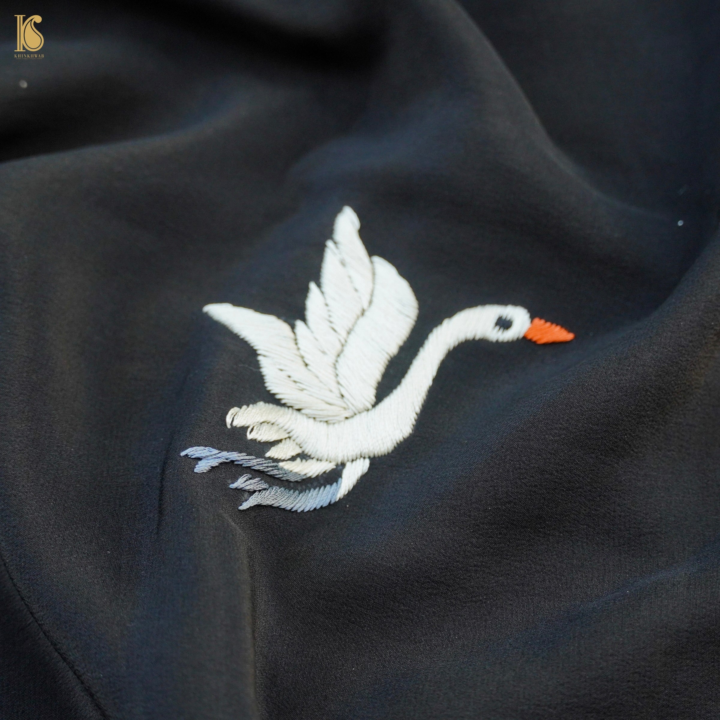 Red & Black Handcrafted Parsi Gara Pure Crepe Swan Saree - Khinkhwab