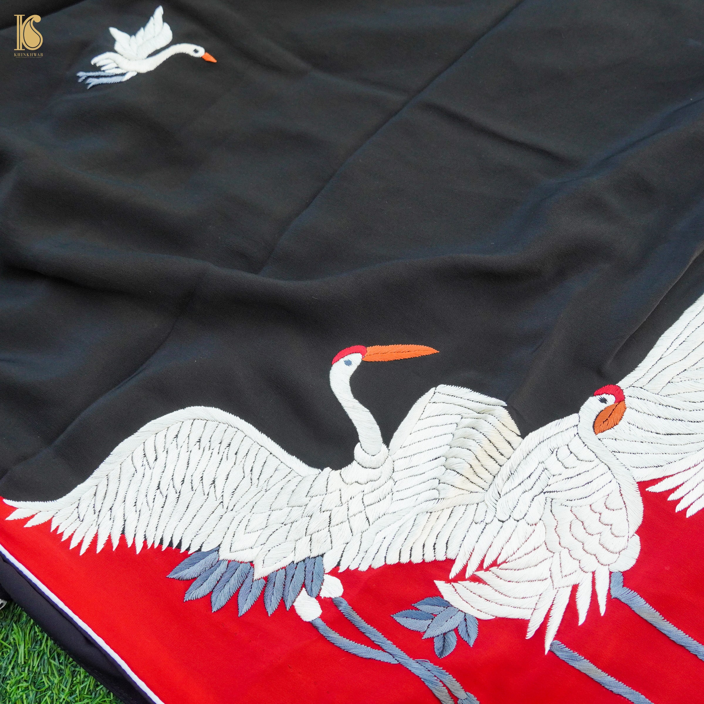 Red & Black Handcrafted Parsi Gara Pure Crepe Swan Saree - Khinkhwab