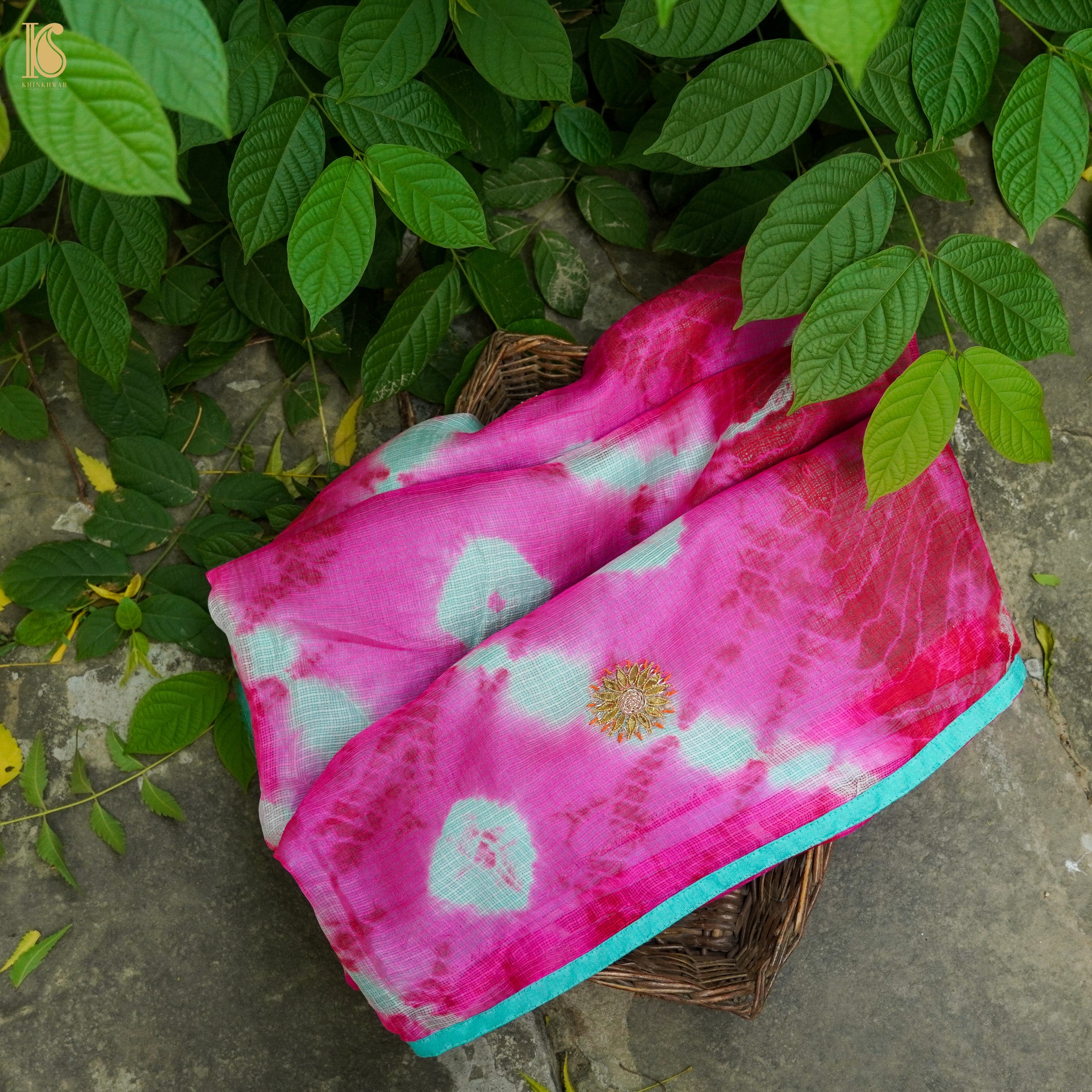 Fuchsia Pink Handloom Kota Silk Leheriya Saree with Gotta Patti - Khinkhwab