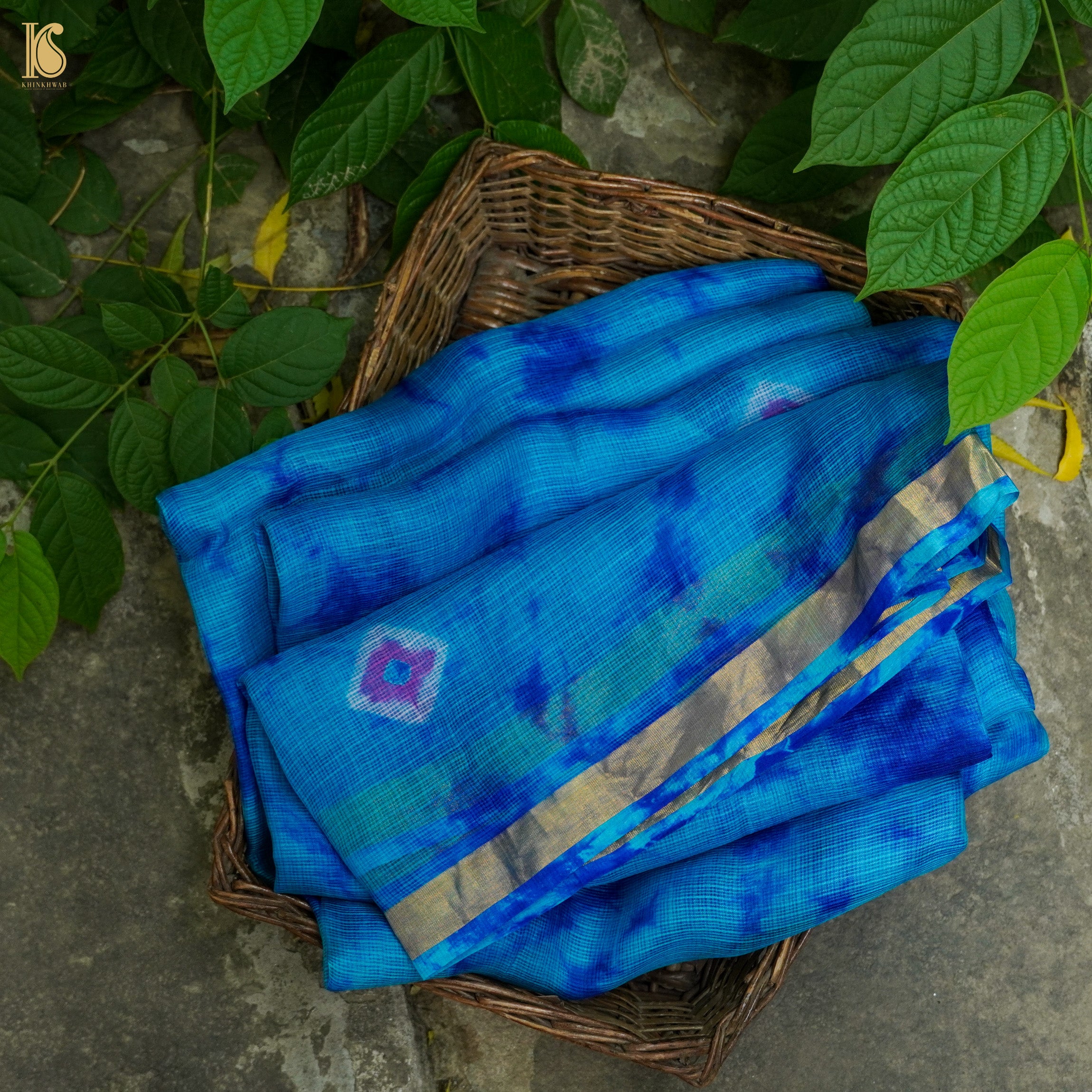 Cerulean Blue Handloom Kota Silk Leheriya Saree - Khinkhwab