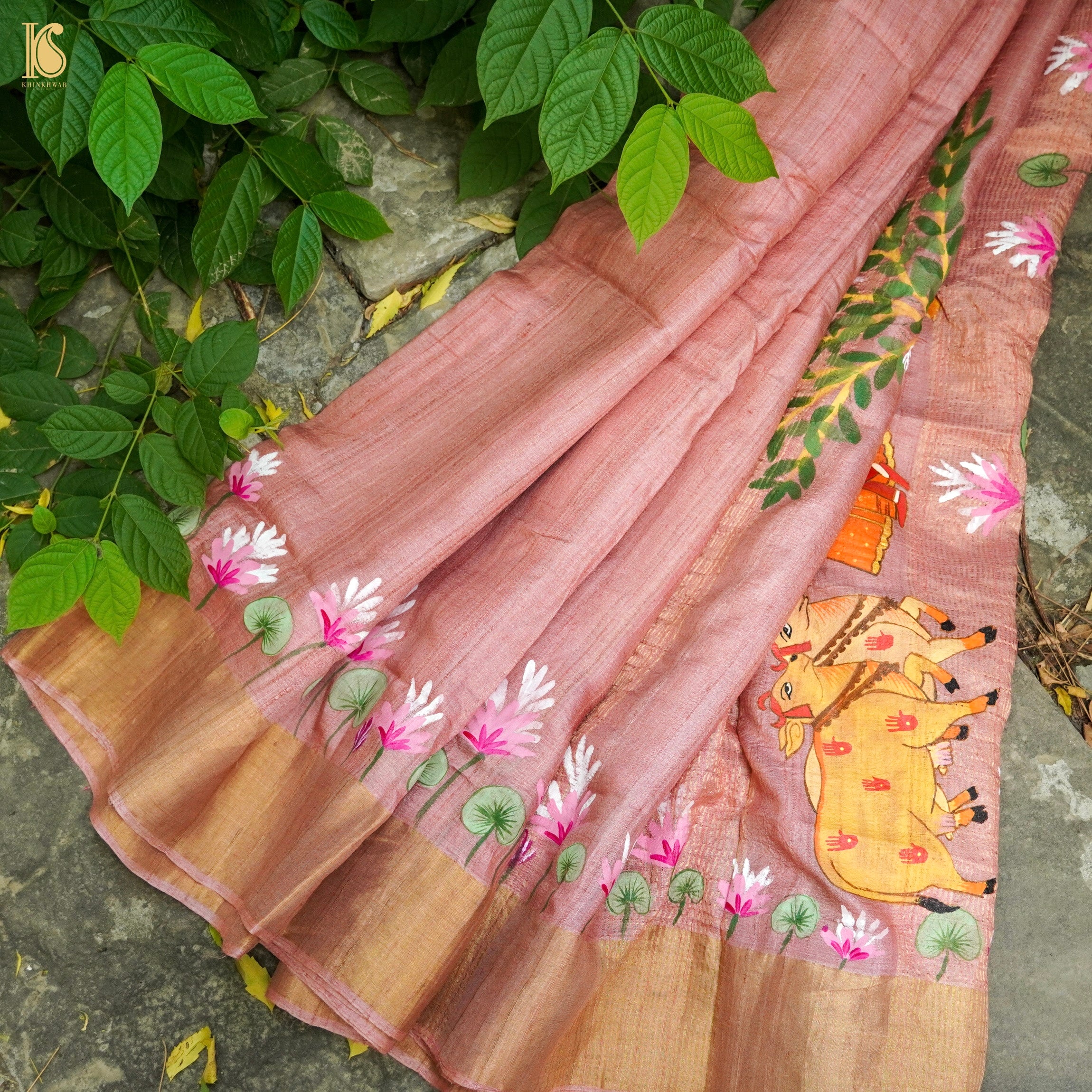 Petite Orchid Ghicha Tussar Banarasi Silk Hand Painted Saree - Khinkhwab