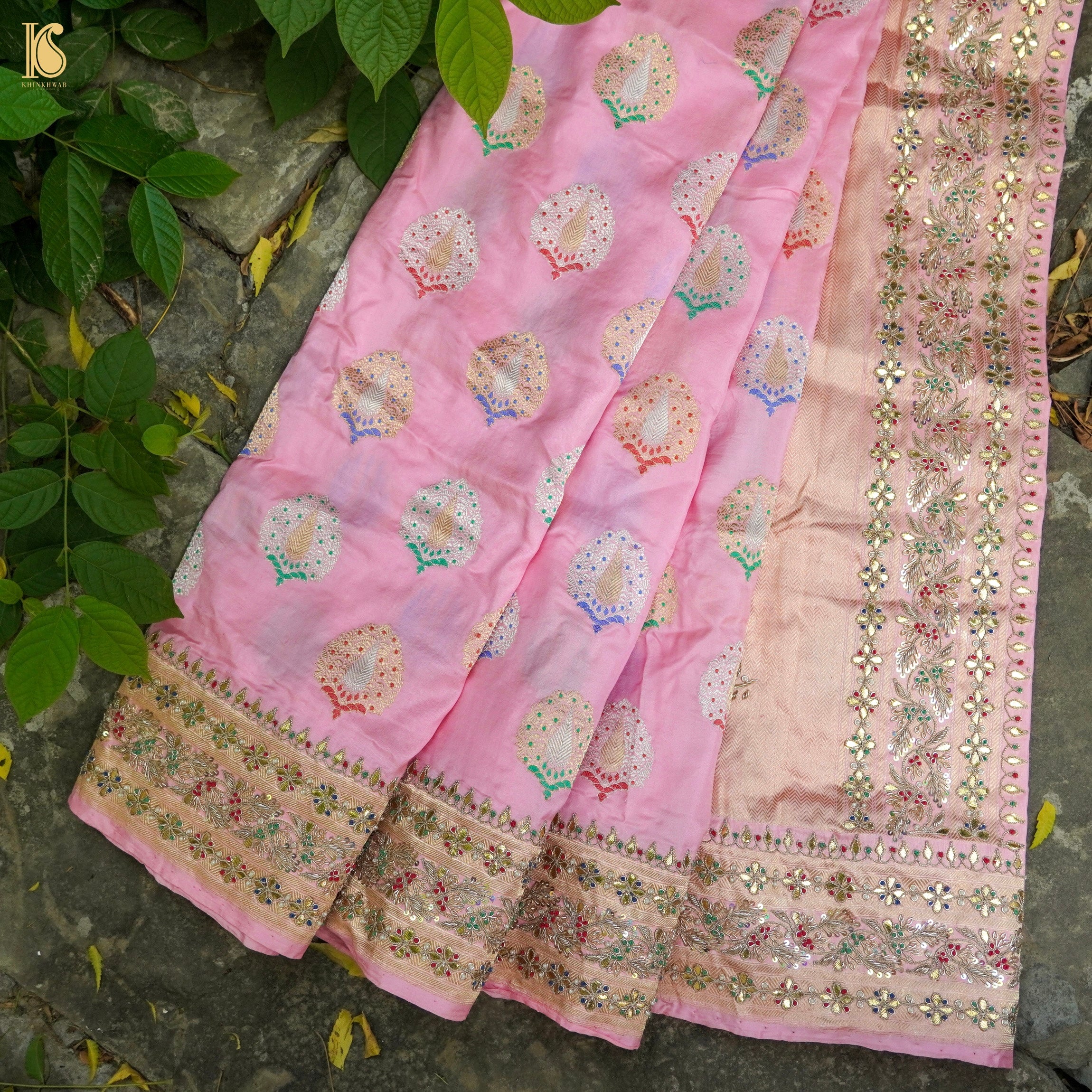 Twilight Pink Handwoven Banarasi Silk Mor Boota Embroidery Border Kadwa Saree - Khinkhwab