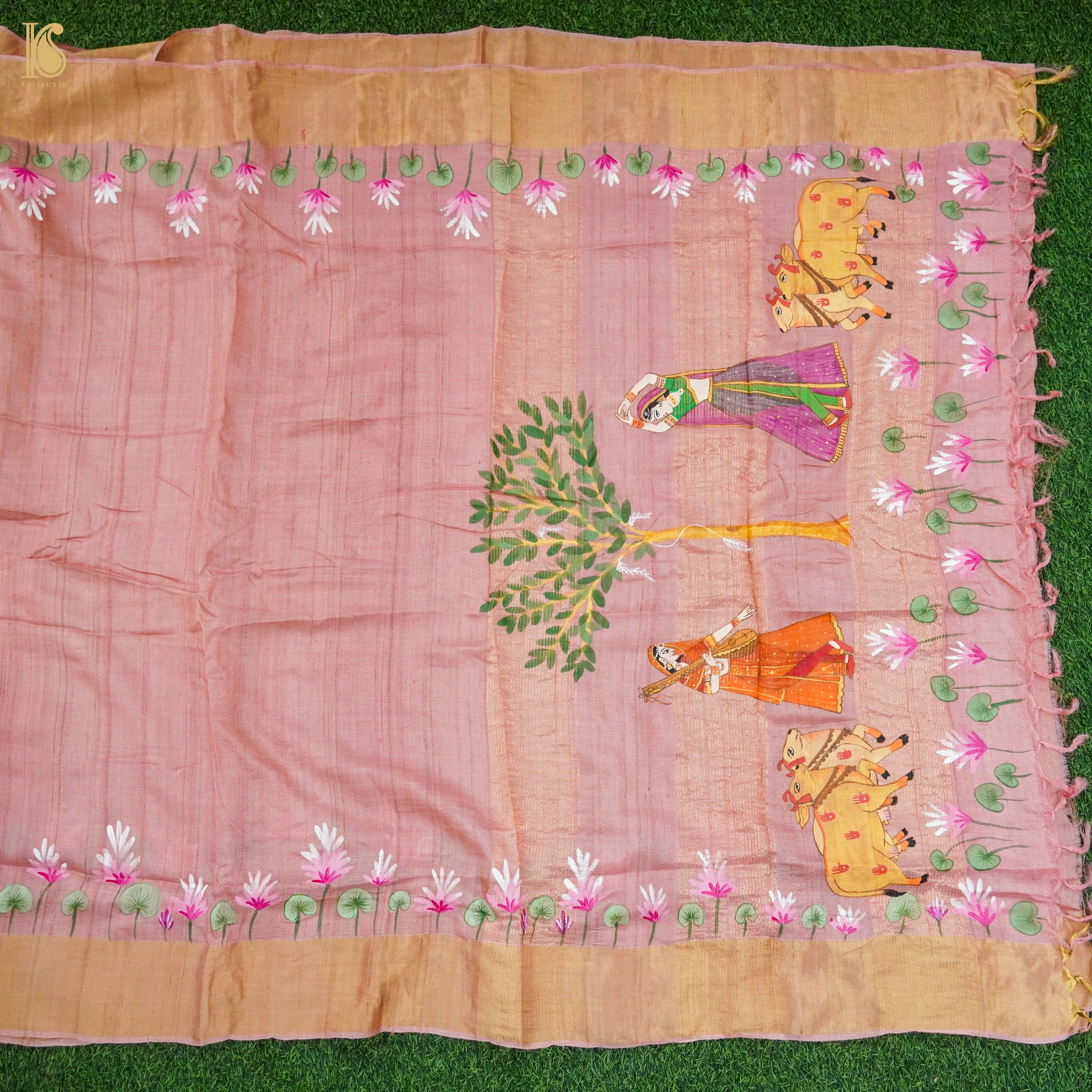 Petite Orchid Ghicha Tussar Banarasi Silk Hand Painted Saree - Khinkhwab