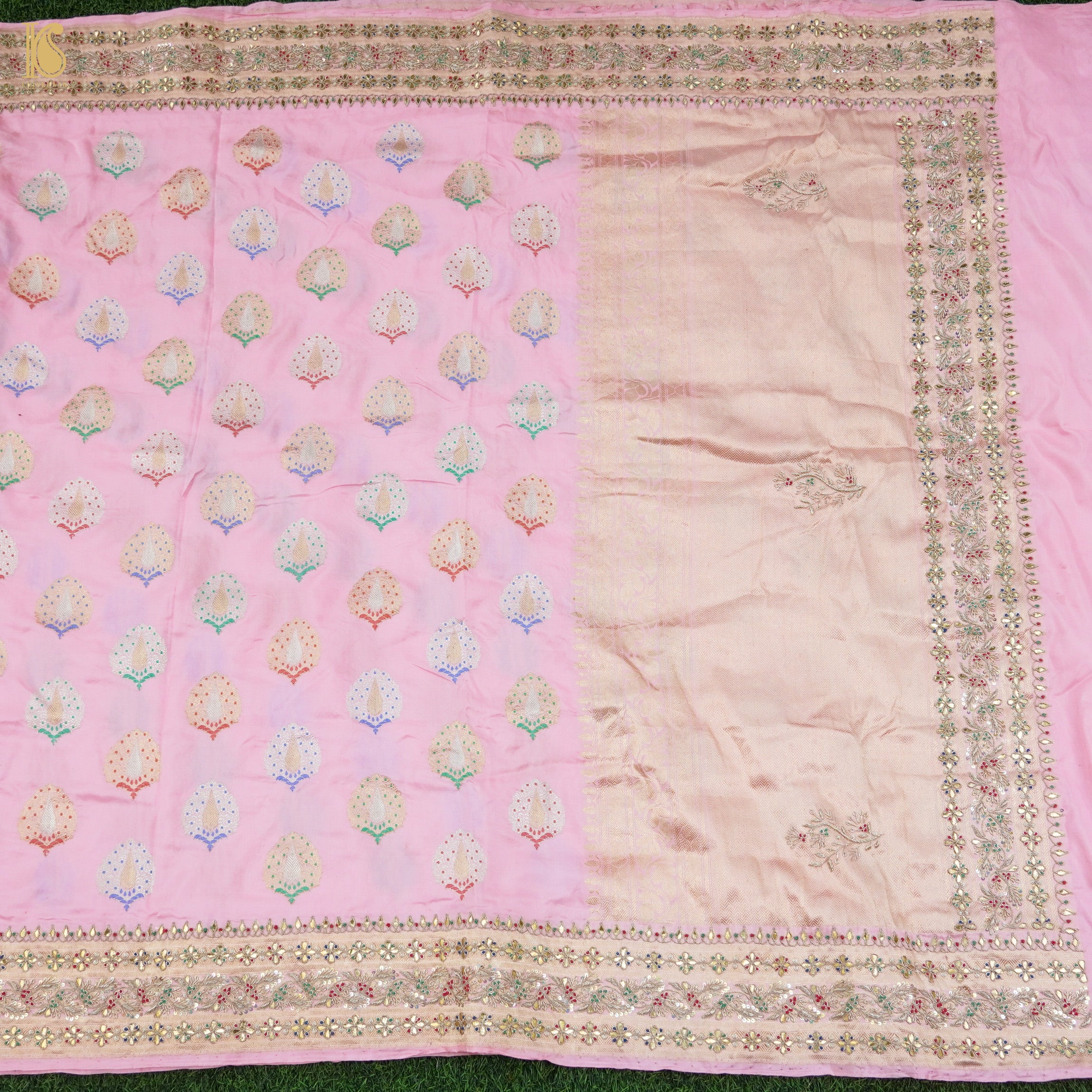 Twilight Pink Handwoven Banarasi Silk Mor Boota Embroidery Border Kadwa Saree - Khinkhwab