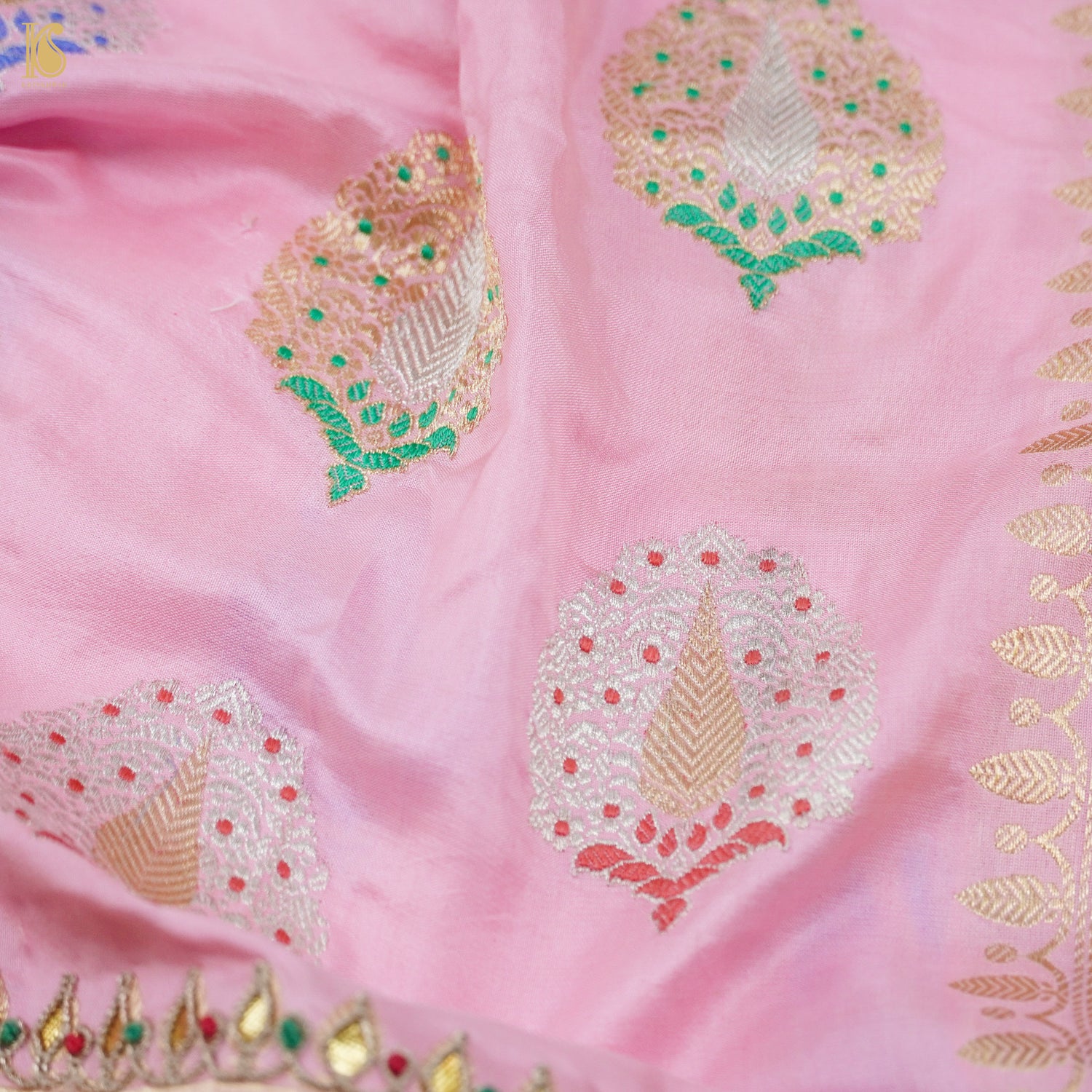 Twilight Pink Handwoven Banarasi Silk Mor Boota Embroidery Border Kadwa Saree - Khinkhwab