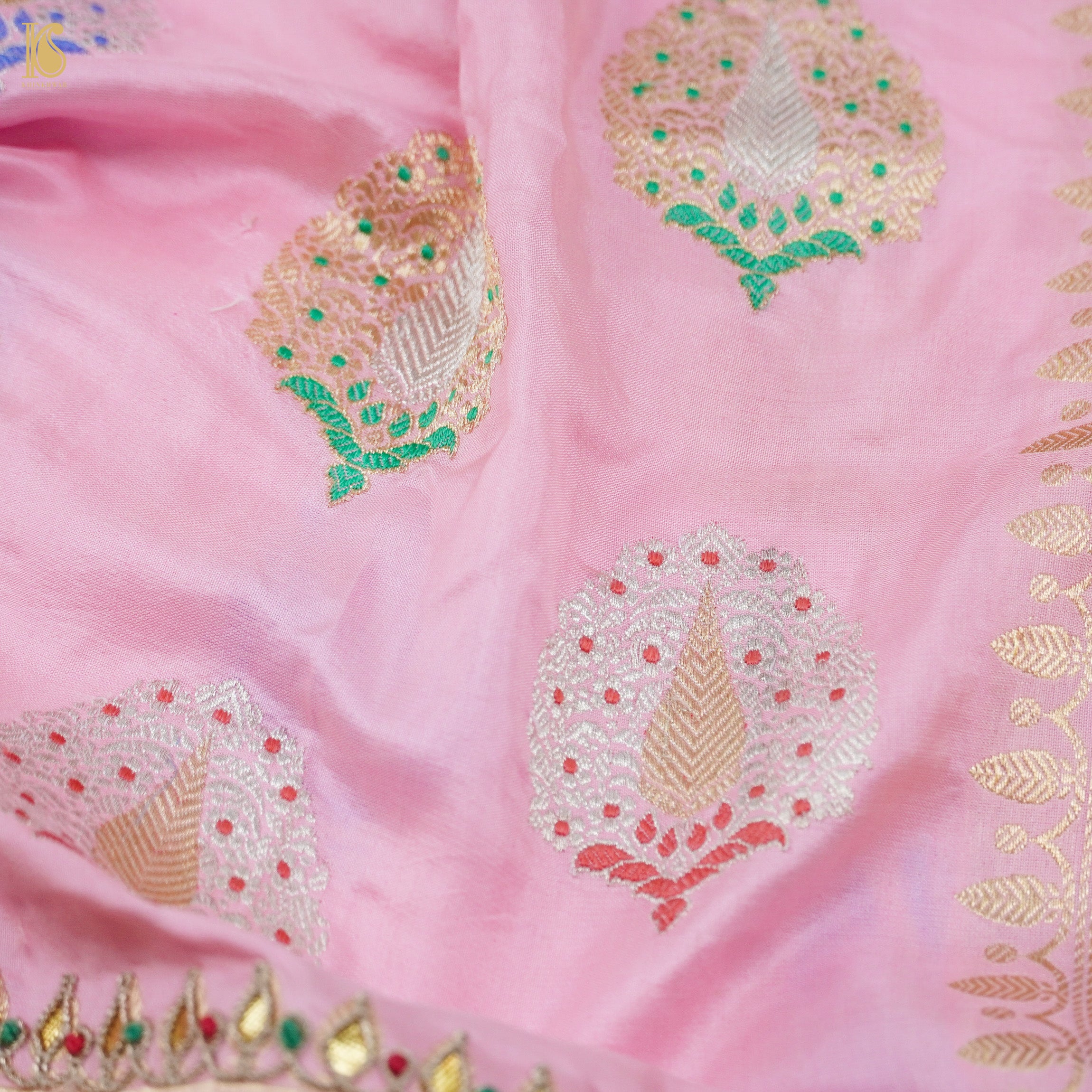 Twilight Pink Handwoven Banarasi Silk Mor Boota Embroidery Border Kadwa Saree - Khinkhwab