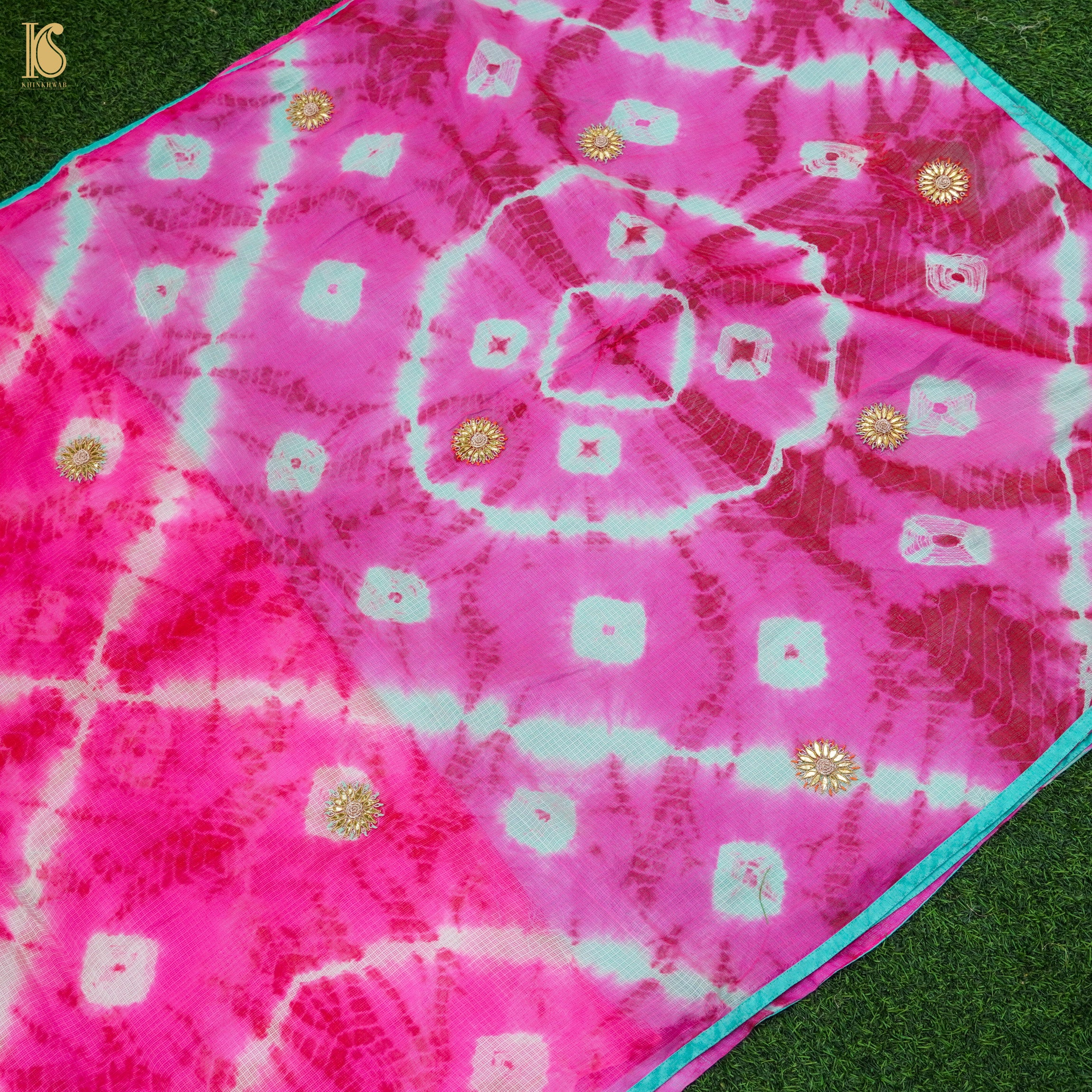 Fuchsia Pink Handloom Kota Silk Leheriya Saree with Gotta Patti - Khinkhwab