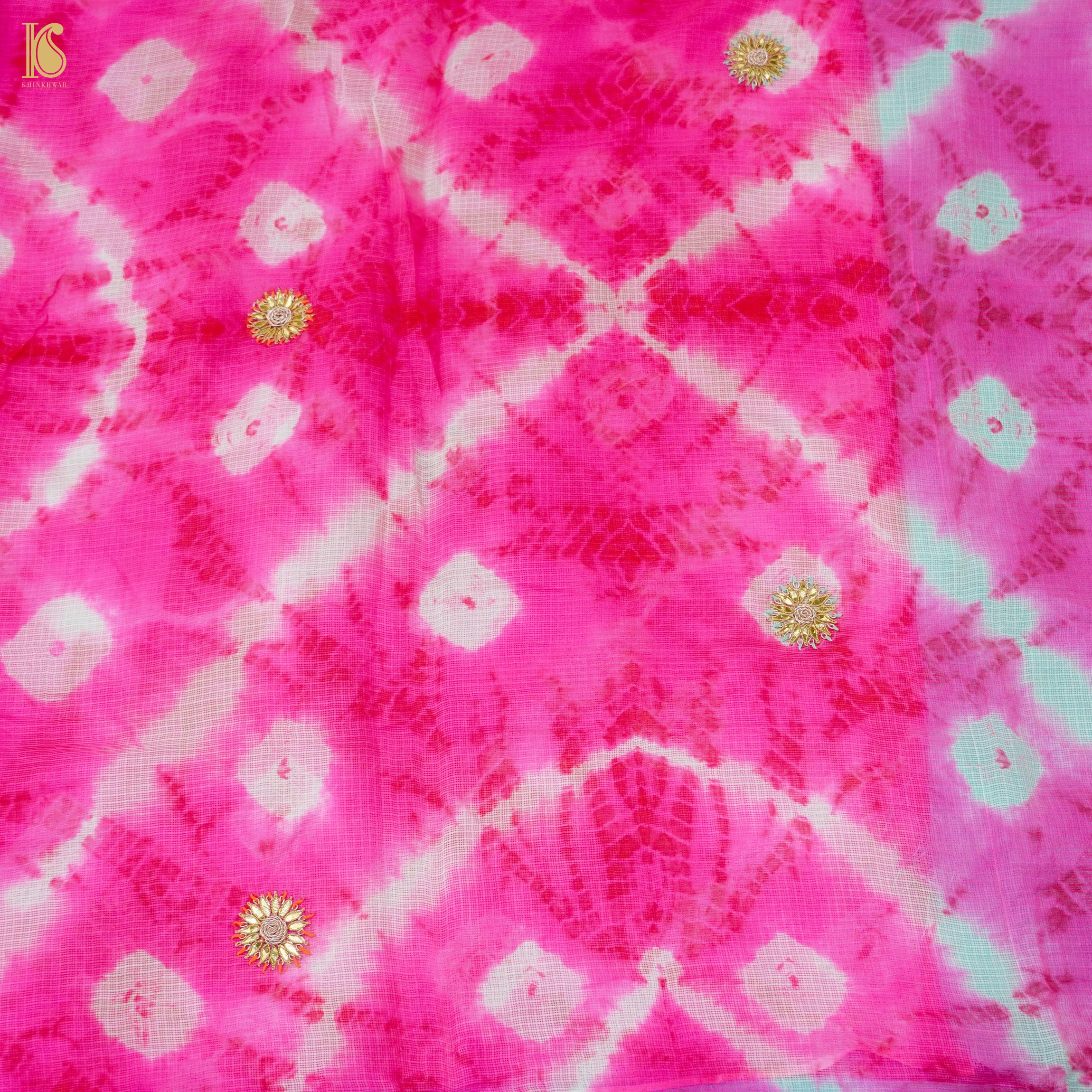 Fuchsia Pink Handloom Kota Silk Leheriya Saree with Gotta Patti - Khinkhwab