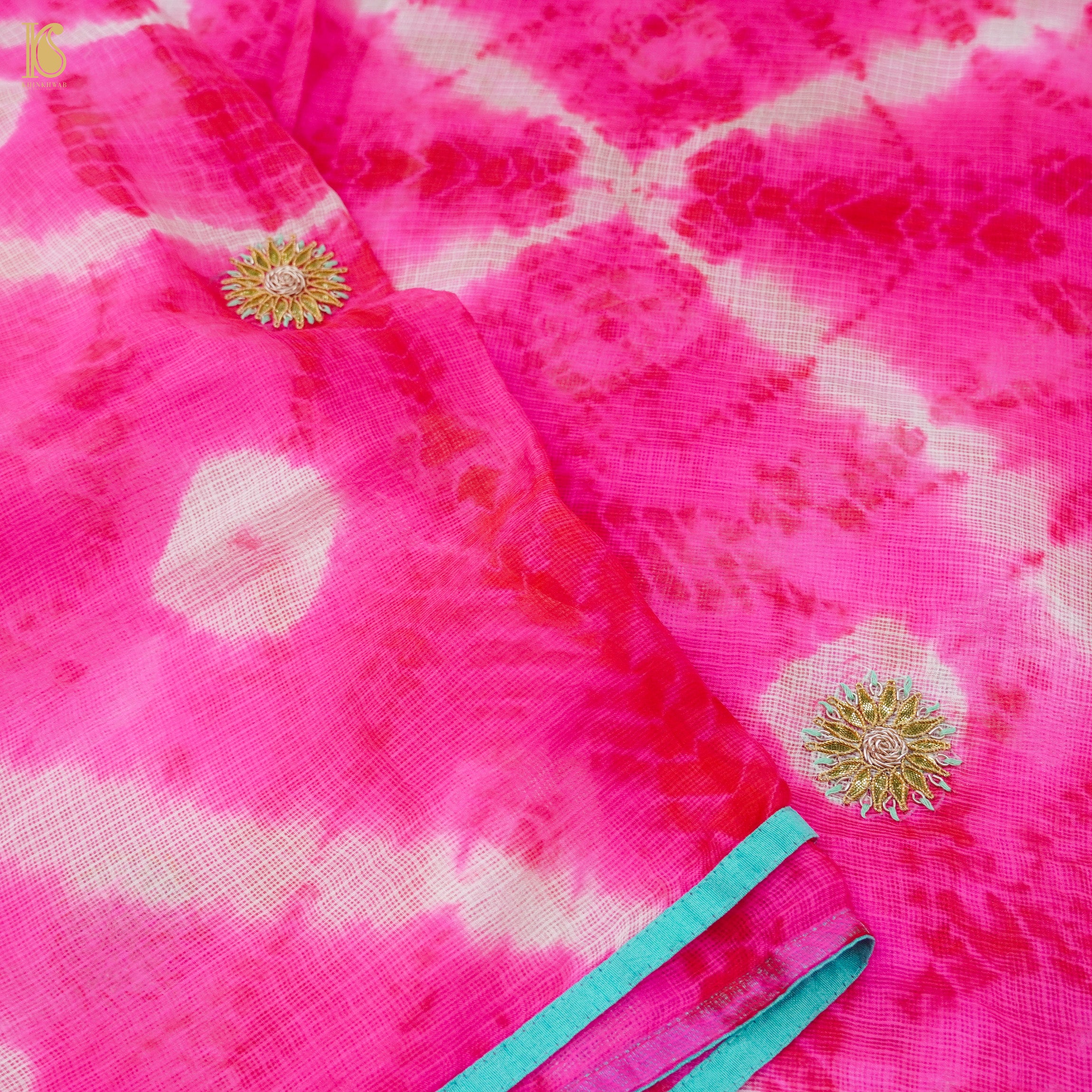 Fuchsia Pink Handloom Kota Silk Leheriya Saree with Gotta Patti - Khinkhwab