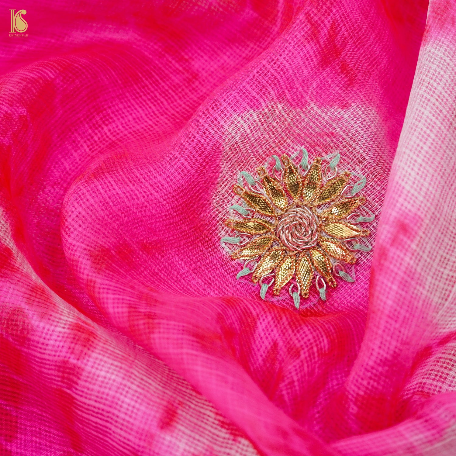 Fuchsia Pink Handloom Kota Silk Leheriya Saree with Gotta Patti - Khinkhwab