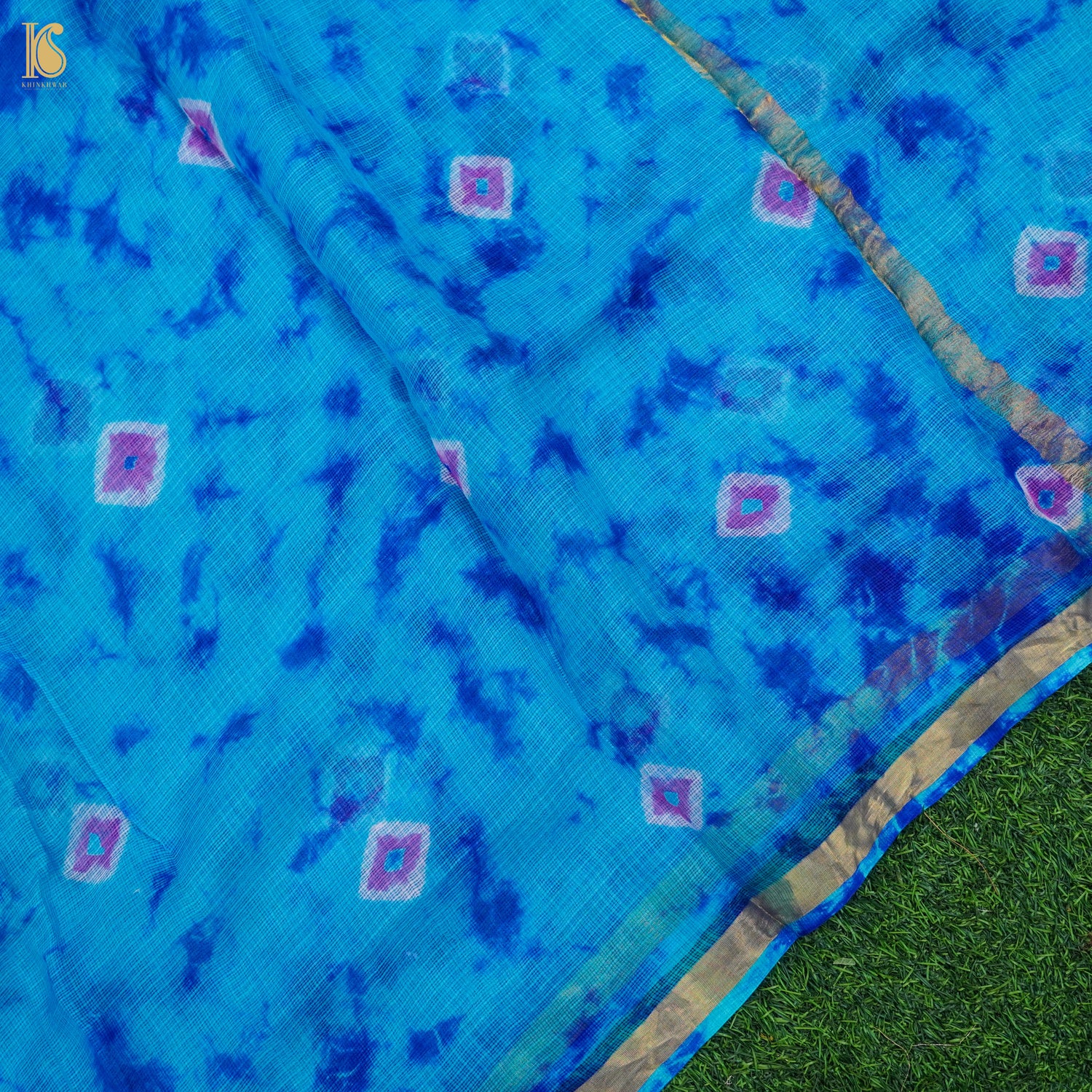 Cerulean Blue Handloom Kota Silk Leheriya Saree - Khinkhwab