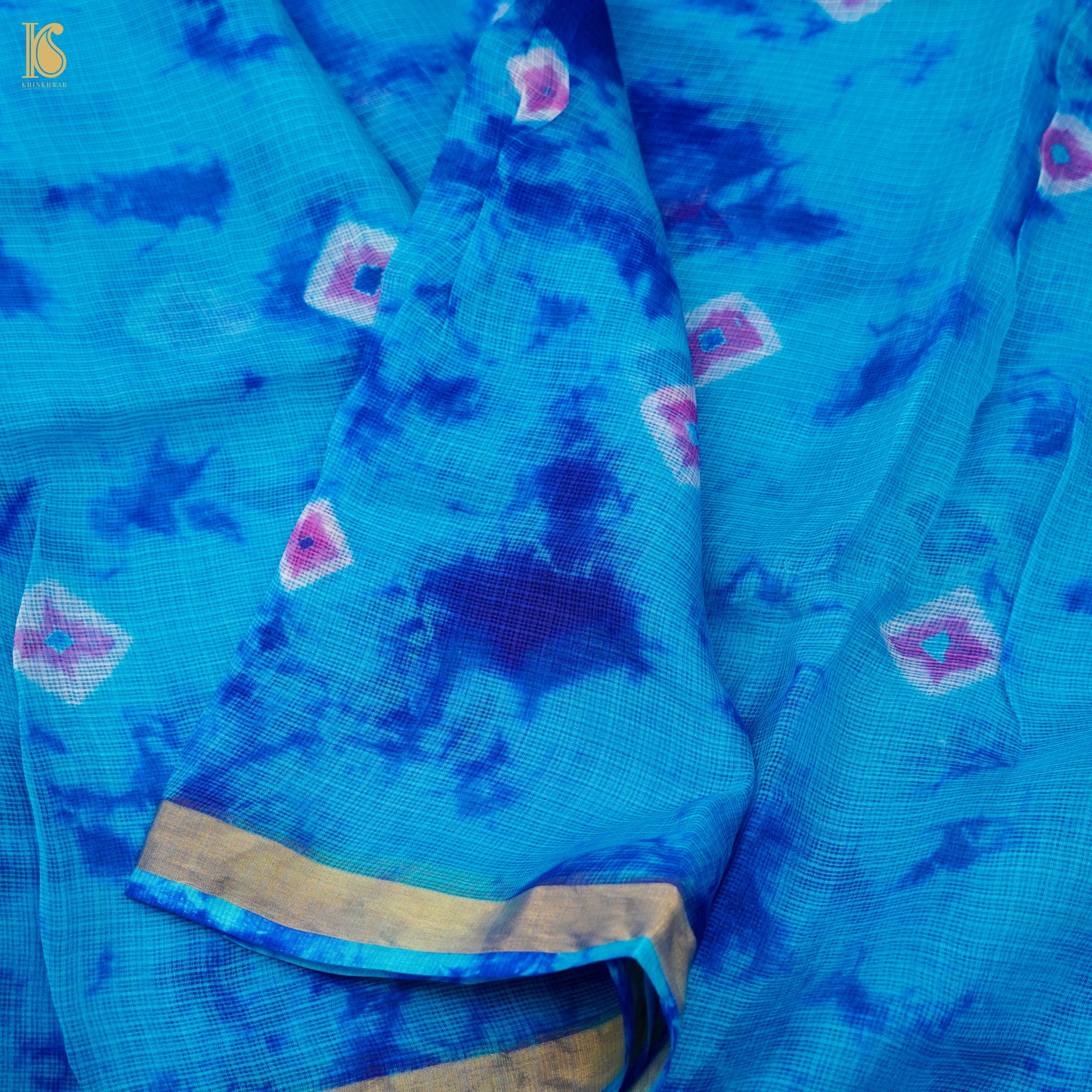 Cerulean Blue Handloom Kota Silk Leheriya Saree - Khinkhwab