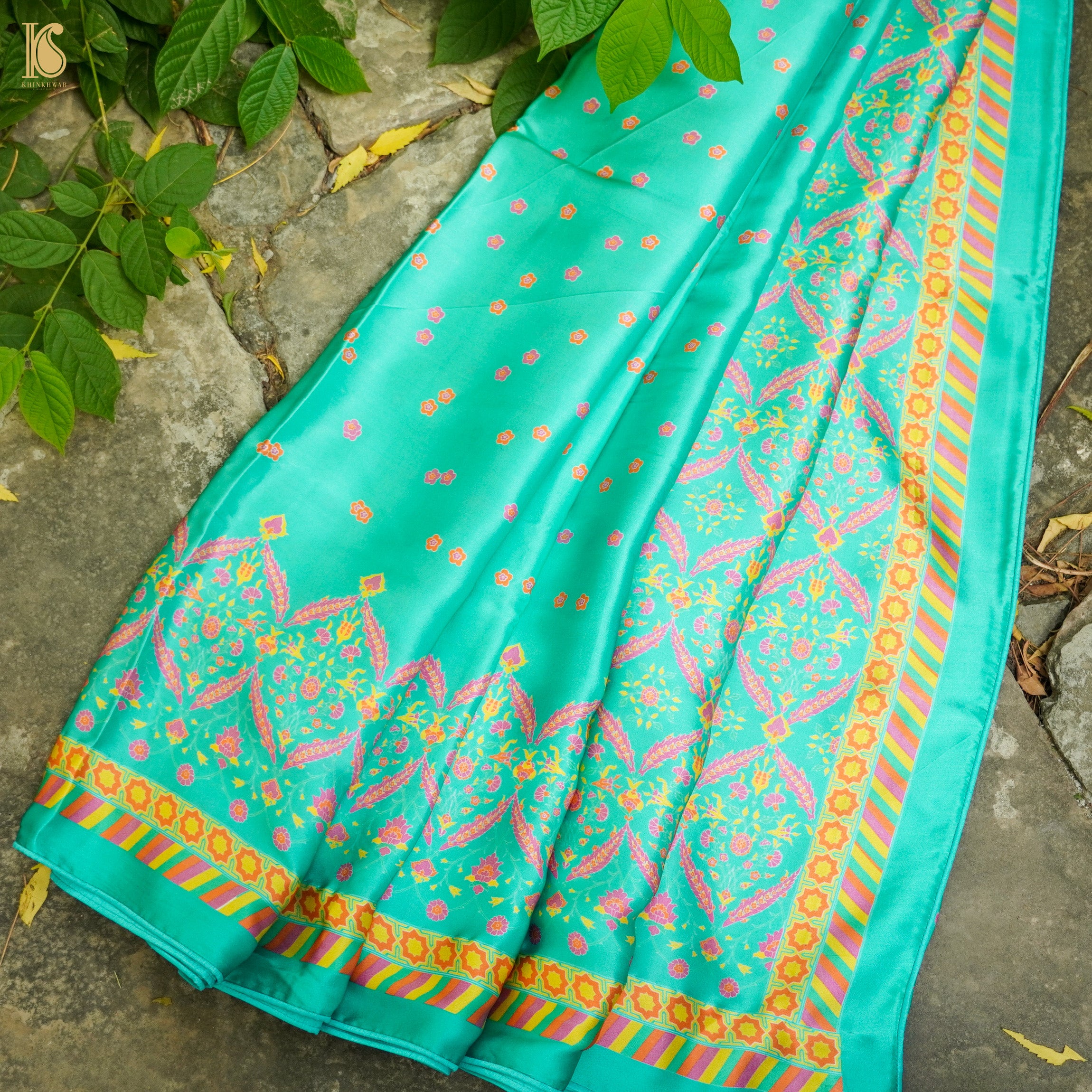 NERGİS - Turquoise Blue Pure Sateen Silk Print Saree - Khinkhwab