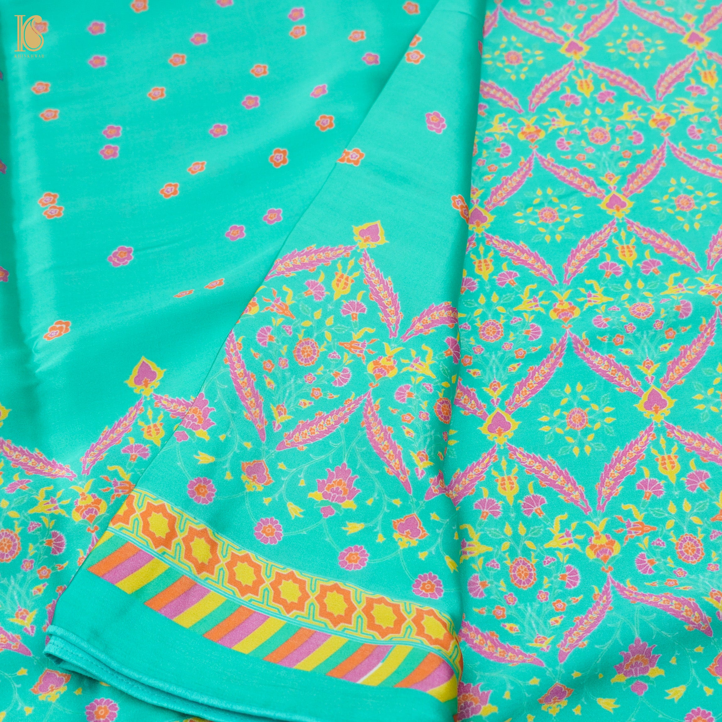 NERGİS - Turquoise Blue Pure Sateen Silk Print Saree - Khinkhwab