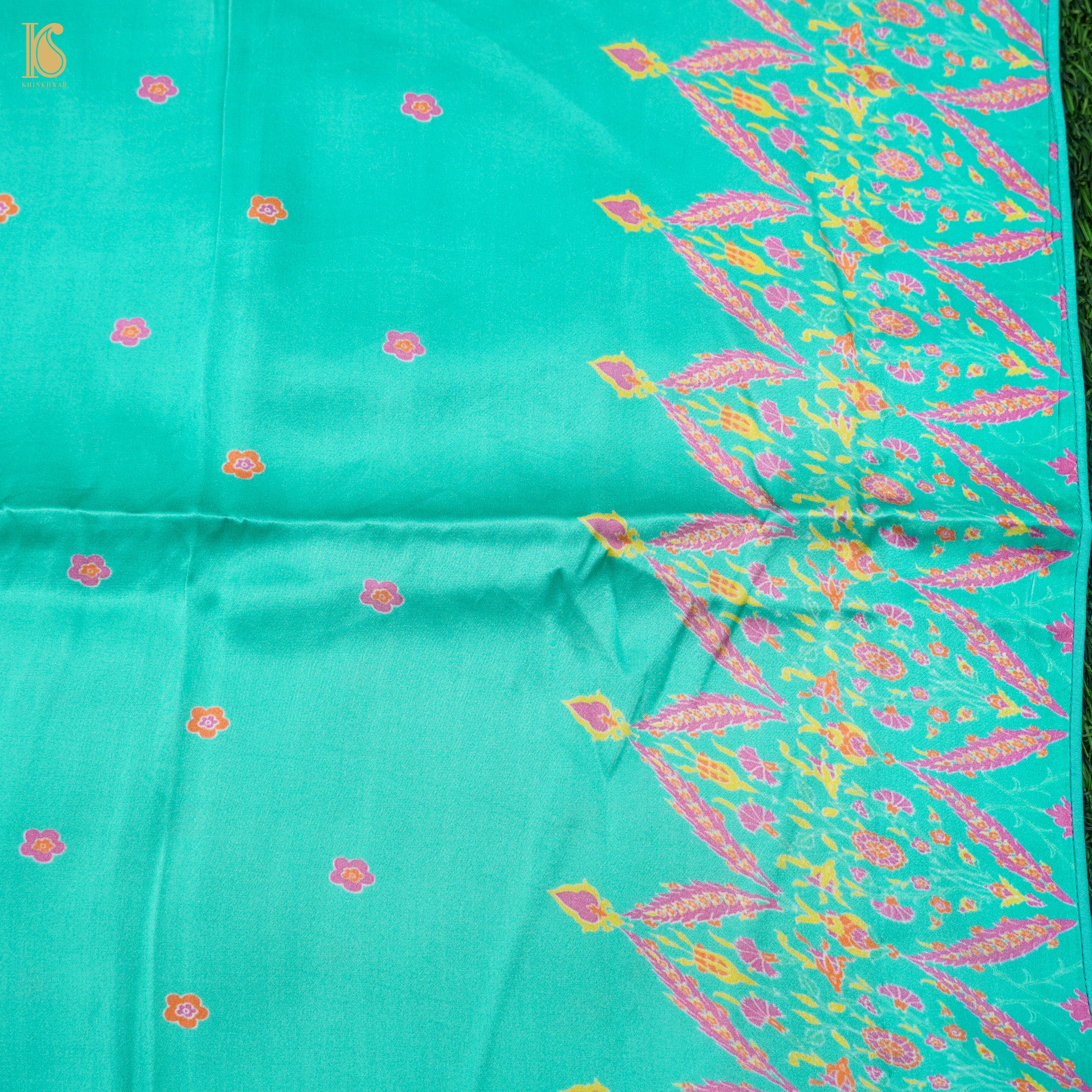 NERGİS - Turquoise Blue Pure Sateen Silk Print Saree - Khinkhwab
