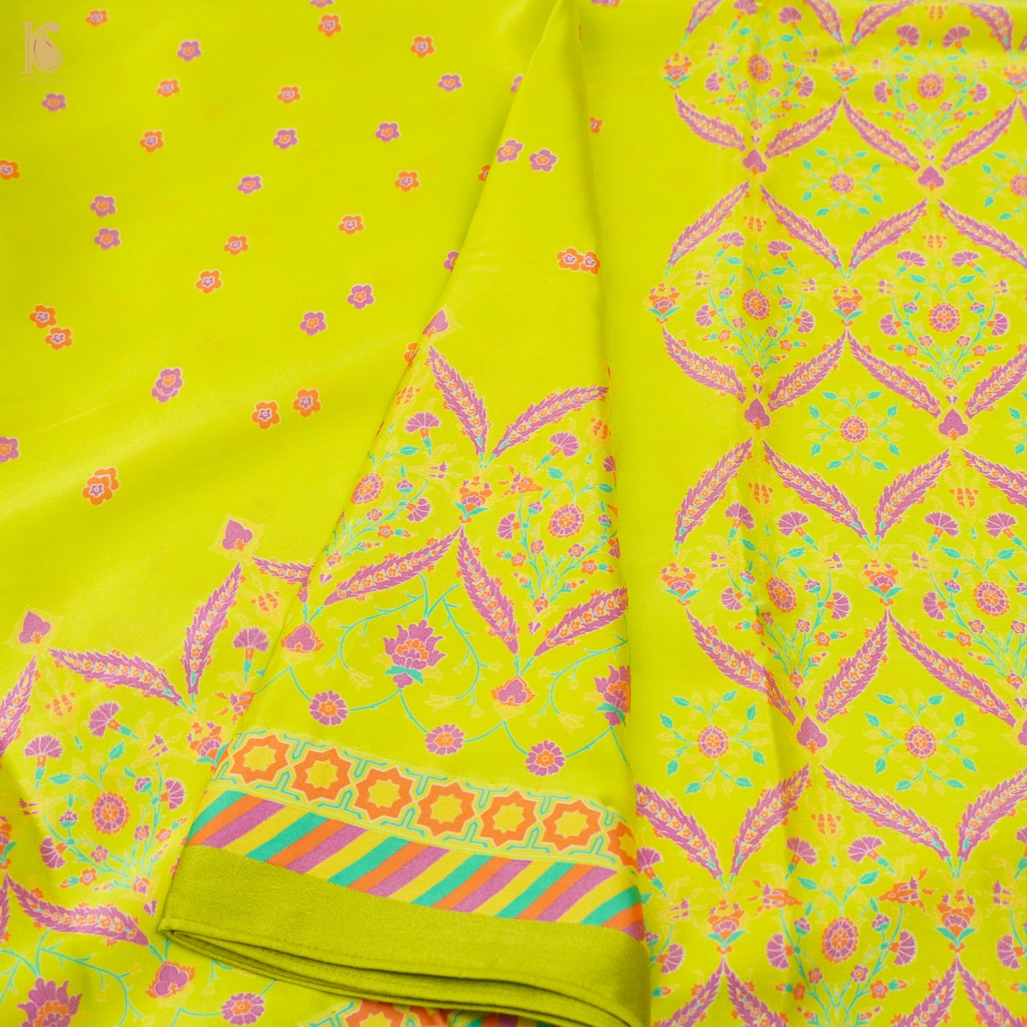 NERGİS - Bird Flower Green Pure Sateen Silk Print Saree - Khinkhwab