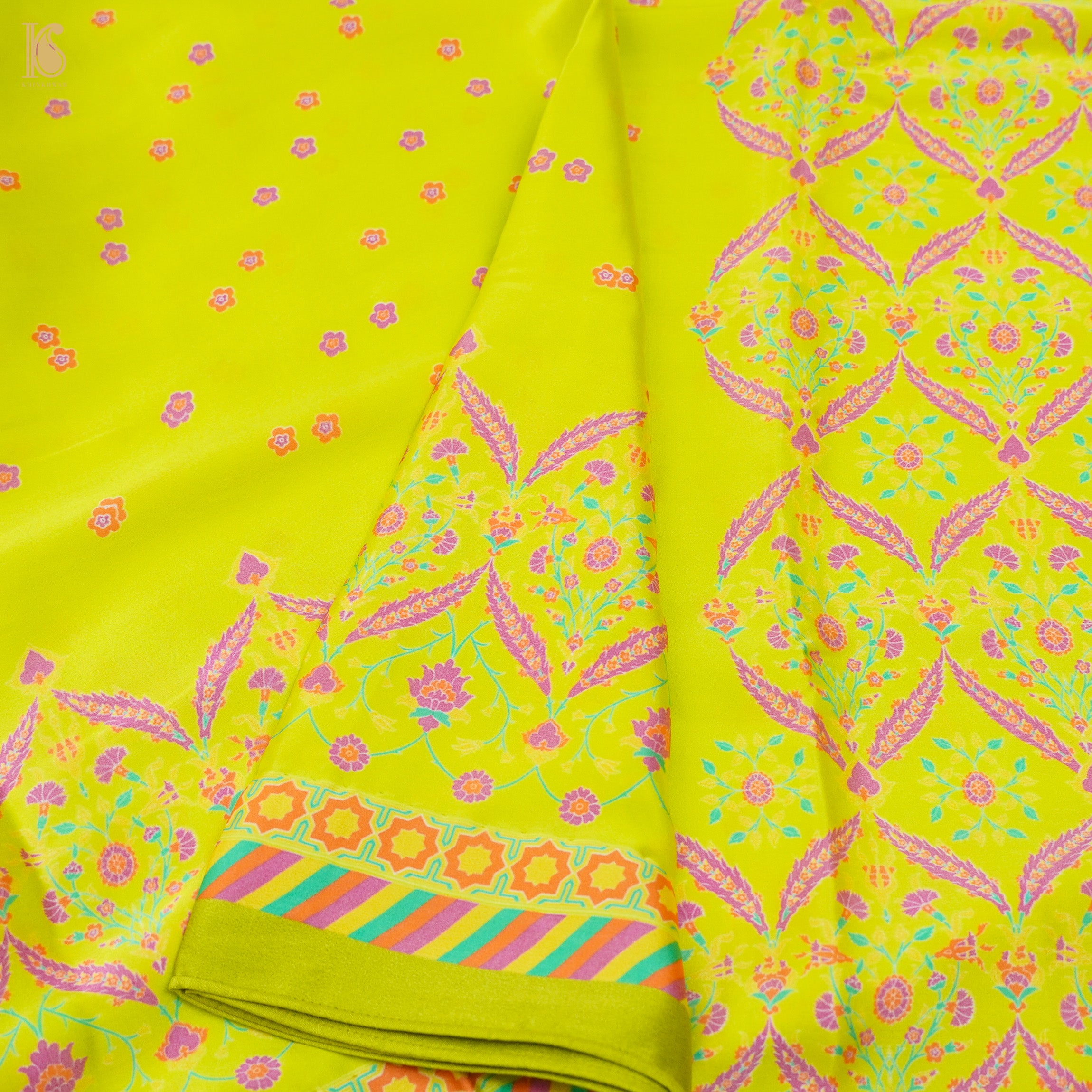 NERGİS - Bird Flower Green Pure Sateen Silk Print Saree - Khinkhwab