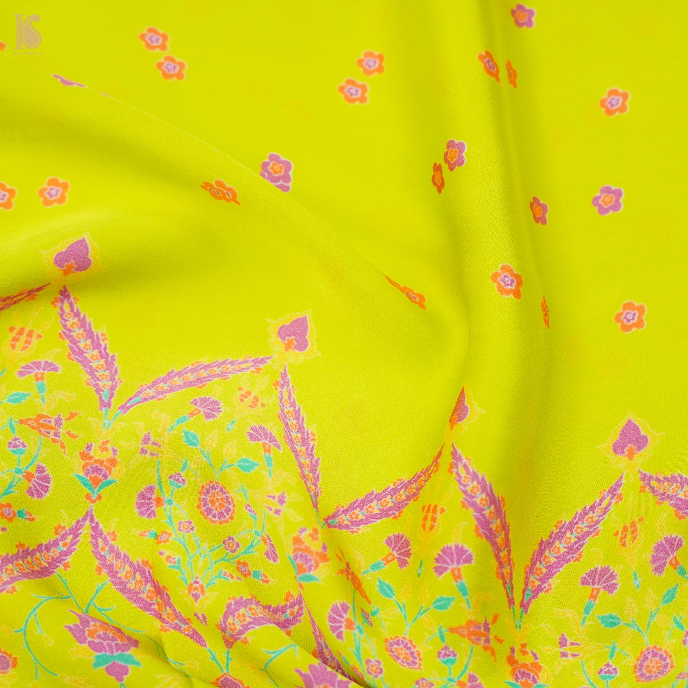 NERGİS - Bird Flower Green Pure Sateen Silk Print Saree - Khinkhwab