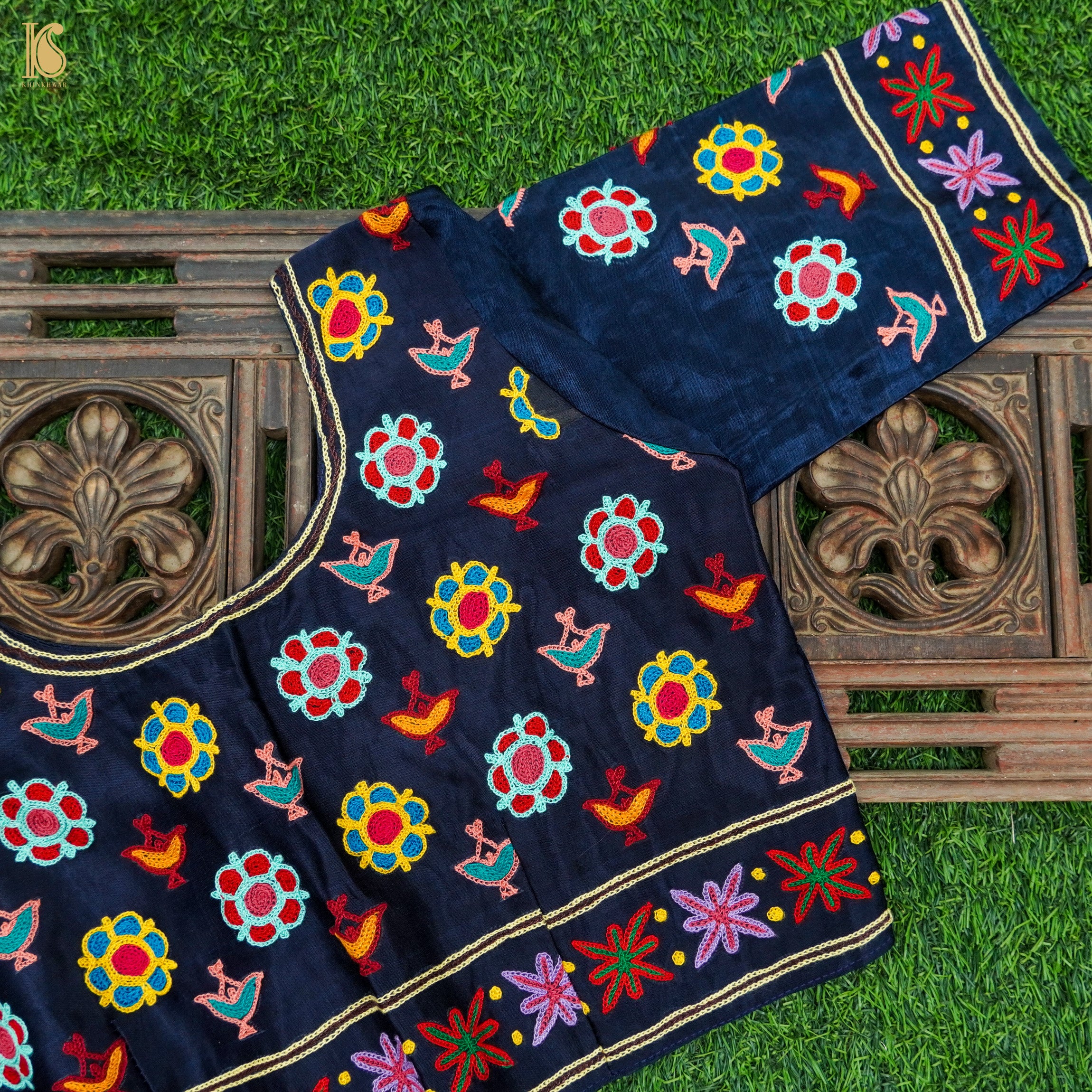 Midnight Blue Pure Mashru Silk Stitched Blouse with Kutchi Embriodery - Khinkhwab