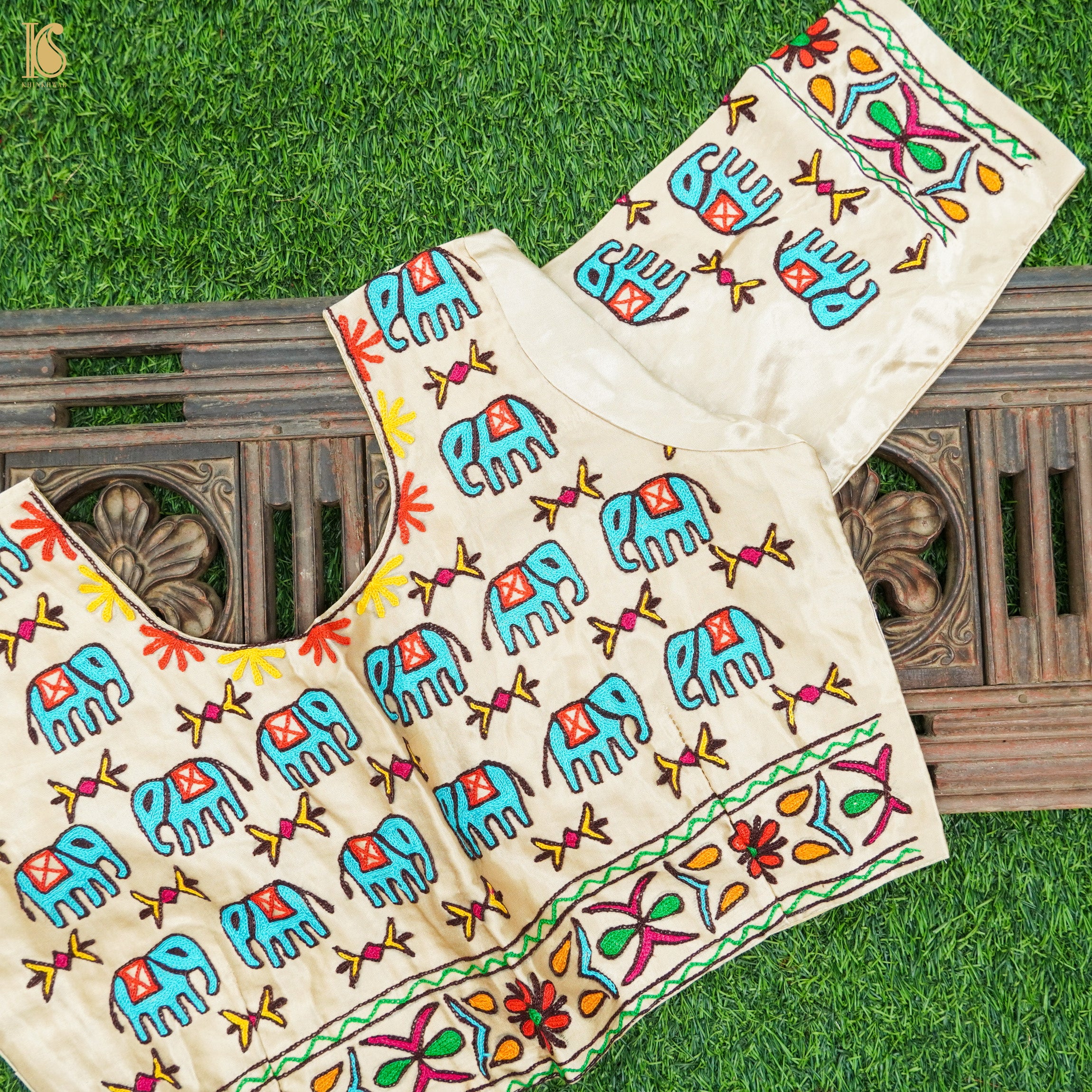 Pearl White Pure Mashru Silk Stitched Blouse with Kutchi Embriodery - Khinkhwab
